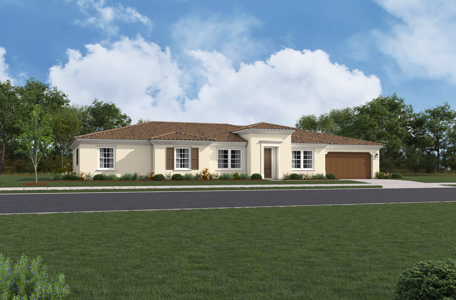 exterior of single-story home with brown garage and desert landscaping