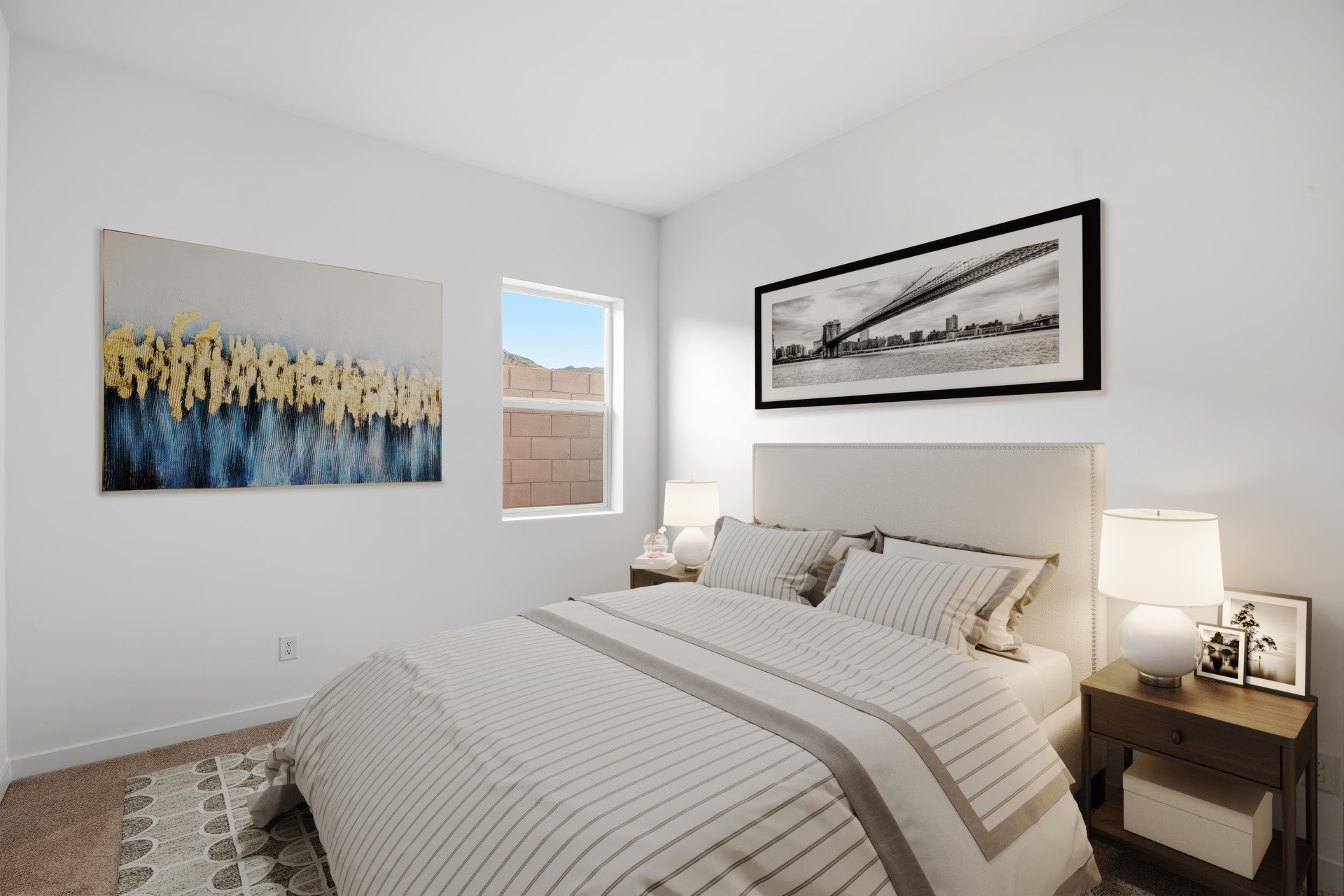 bedroom with large white bed, wooden nightstands and a window for natural light