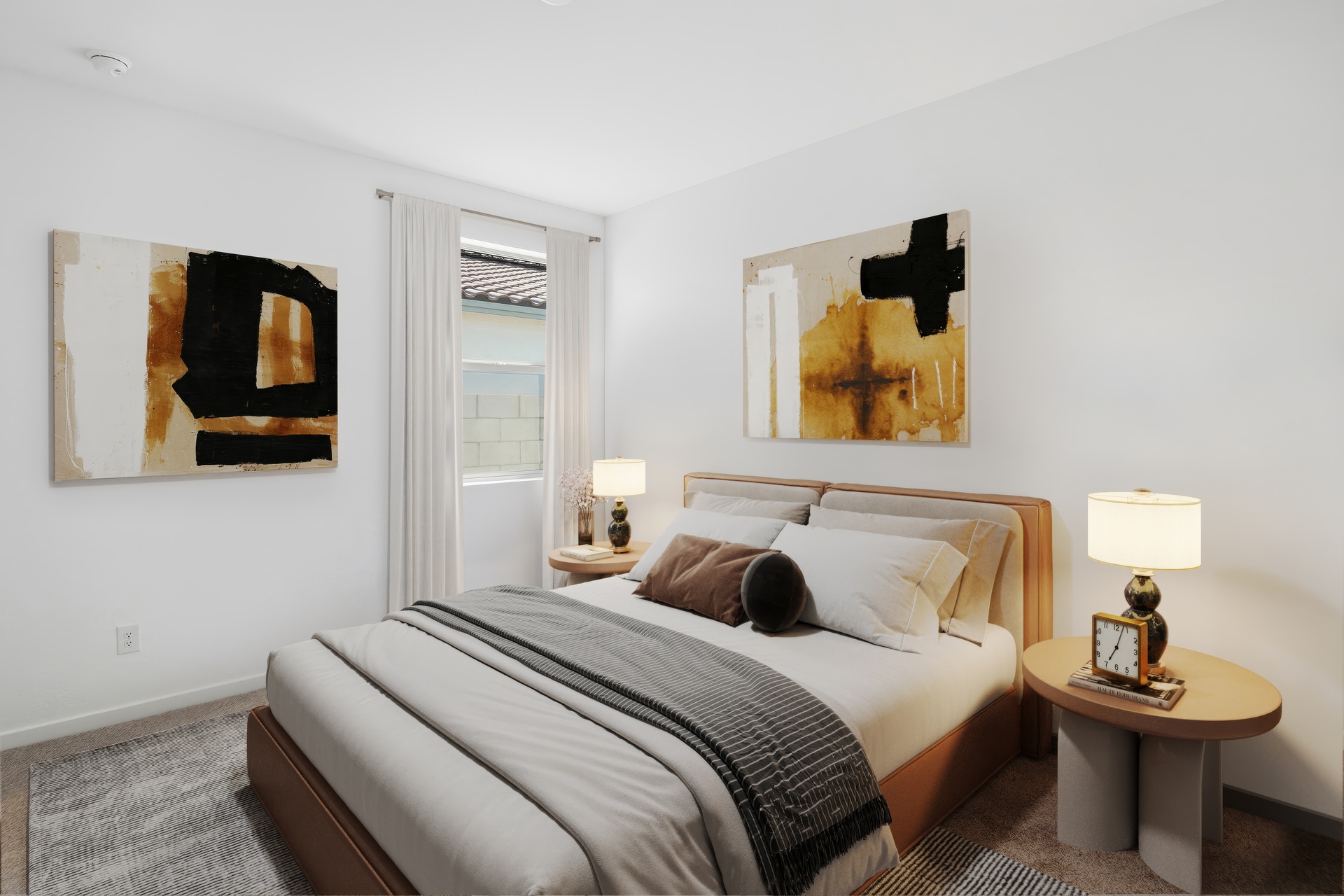 bedroom with a large bed, grey rug, and wooden nightstands