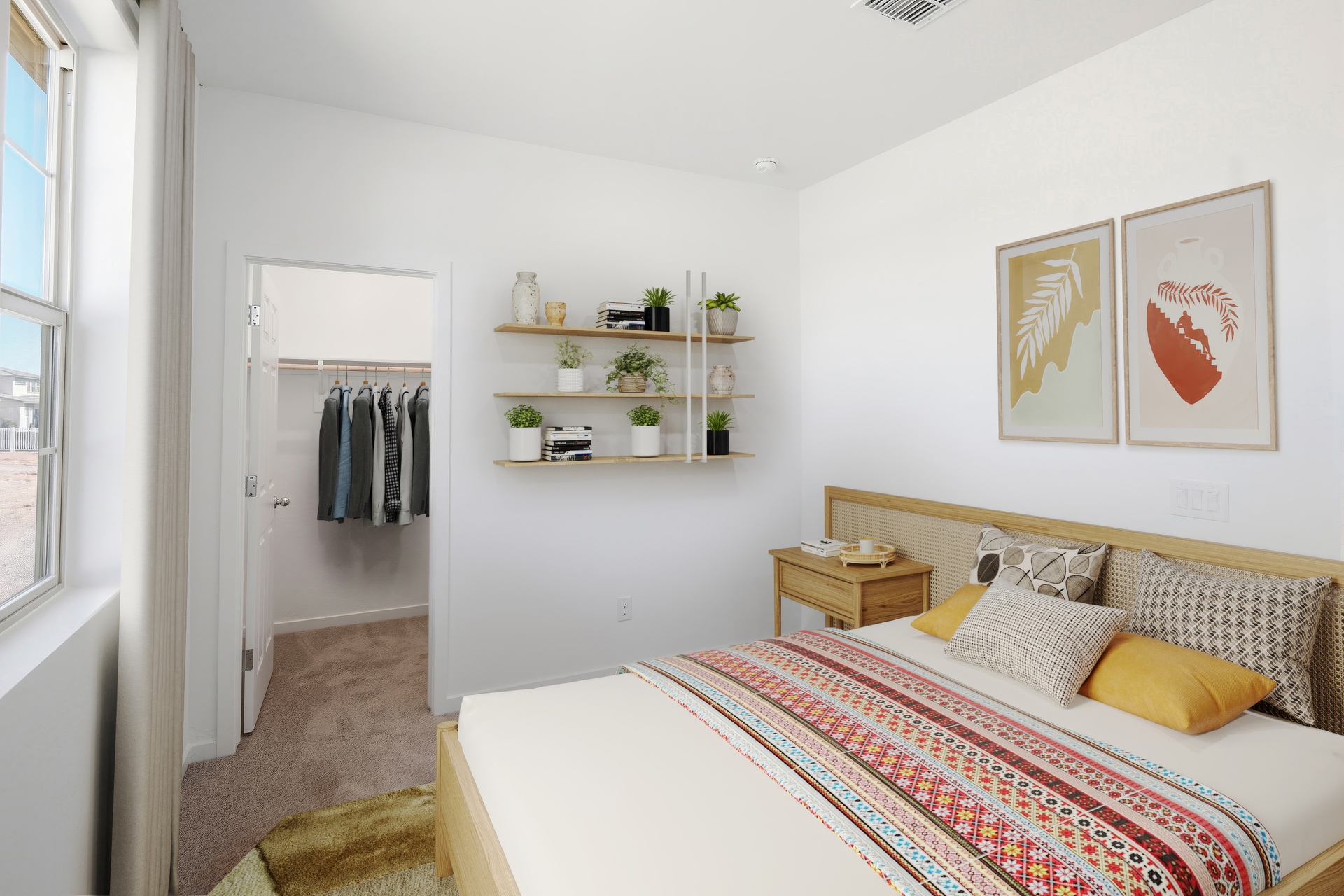 bedroom with a large bed, an oak bed frame, and shelves with indoor plants