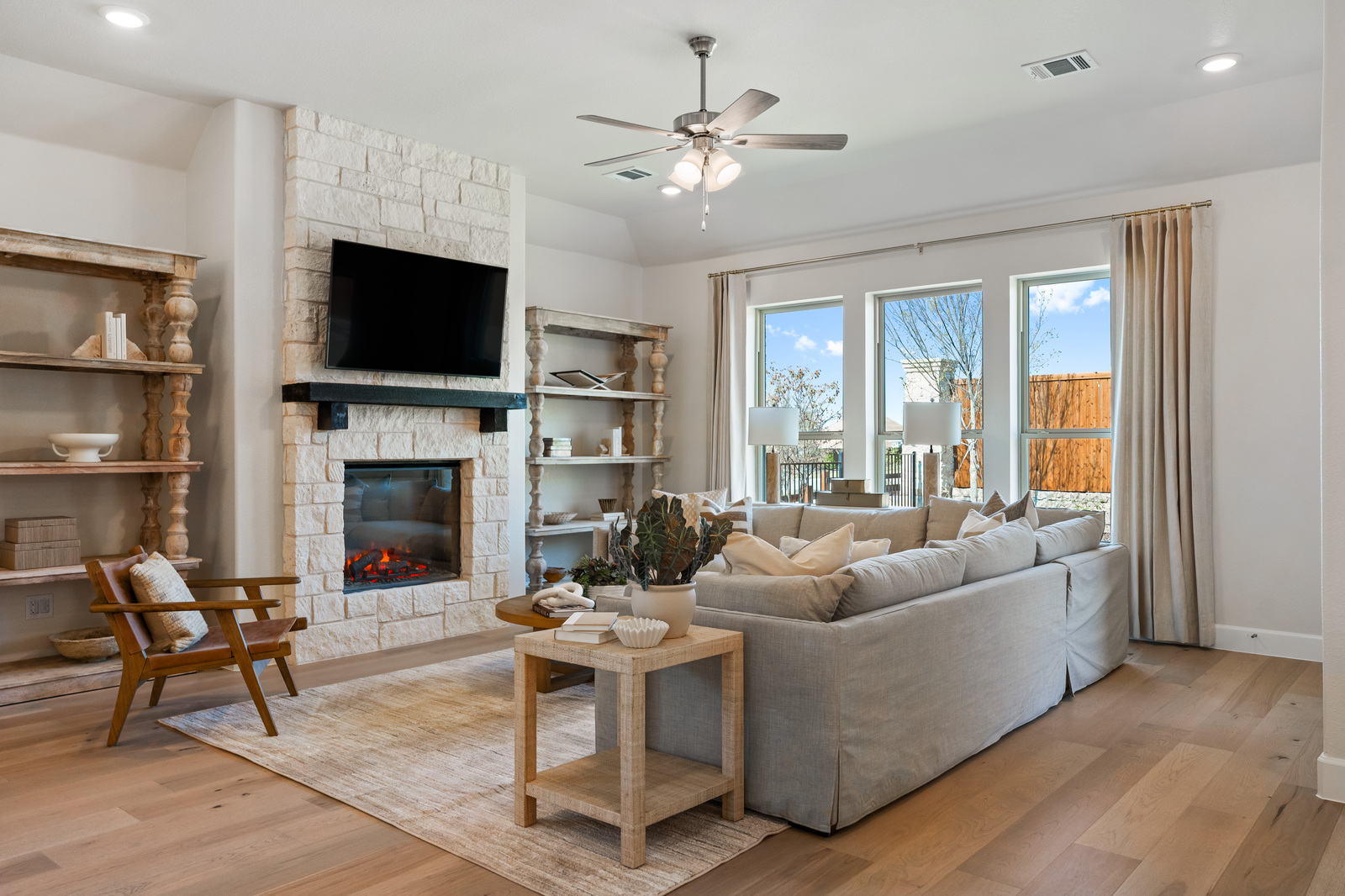 open great room with electric fireplace