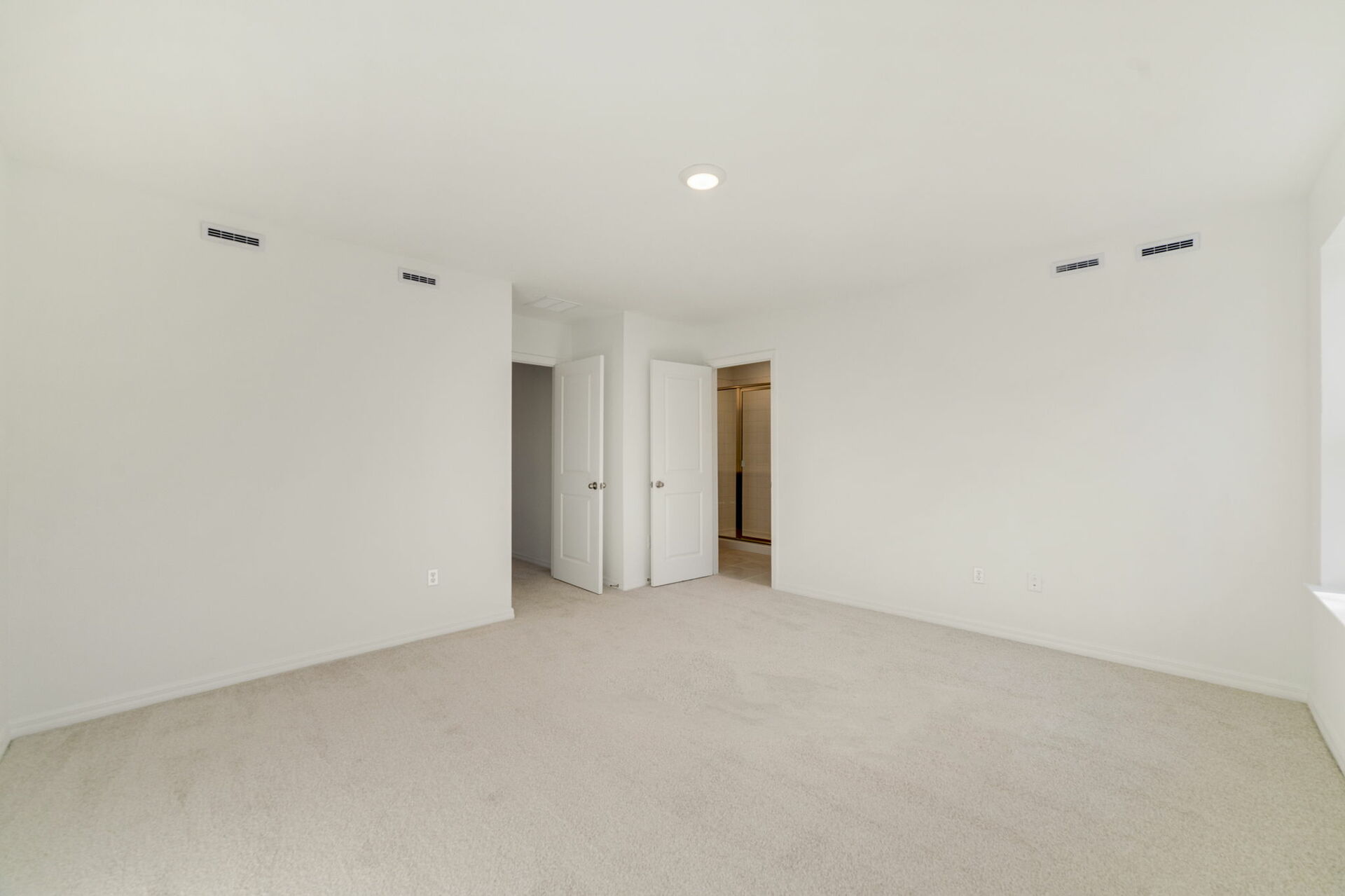 primary bedroom with two windows and carpet throughout