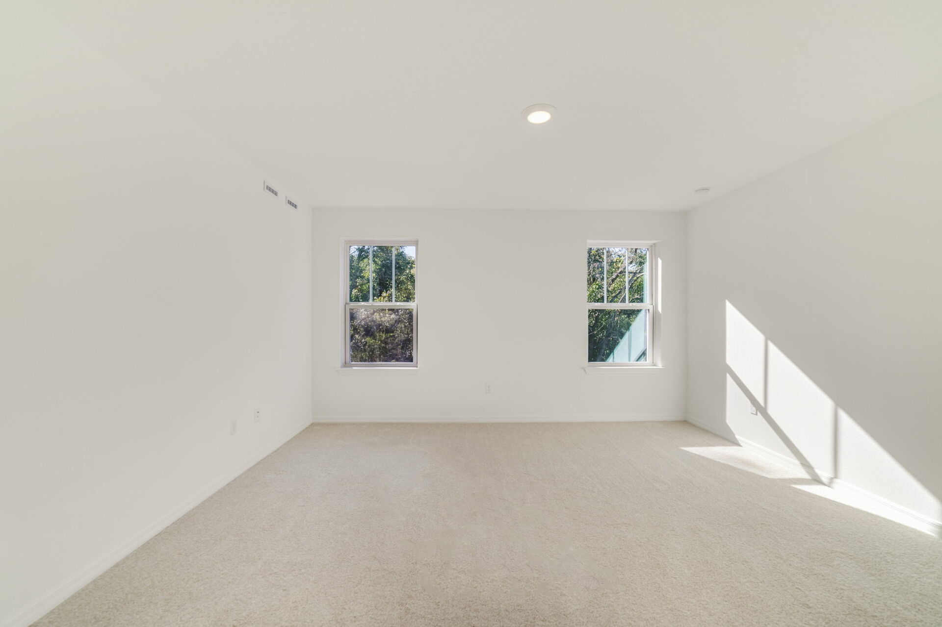 primary bedroom with two windows and carpet throughout