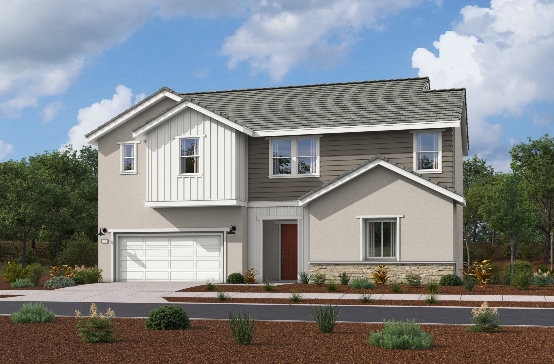 two-story exterior with a white windowless garage and a red front door