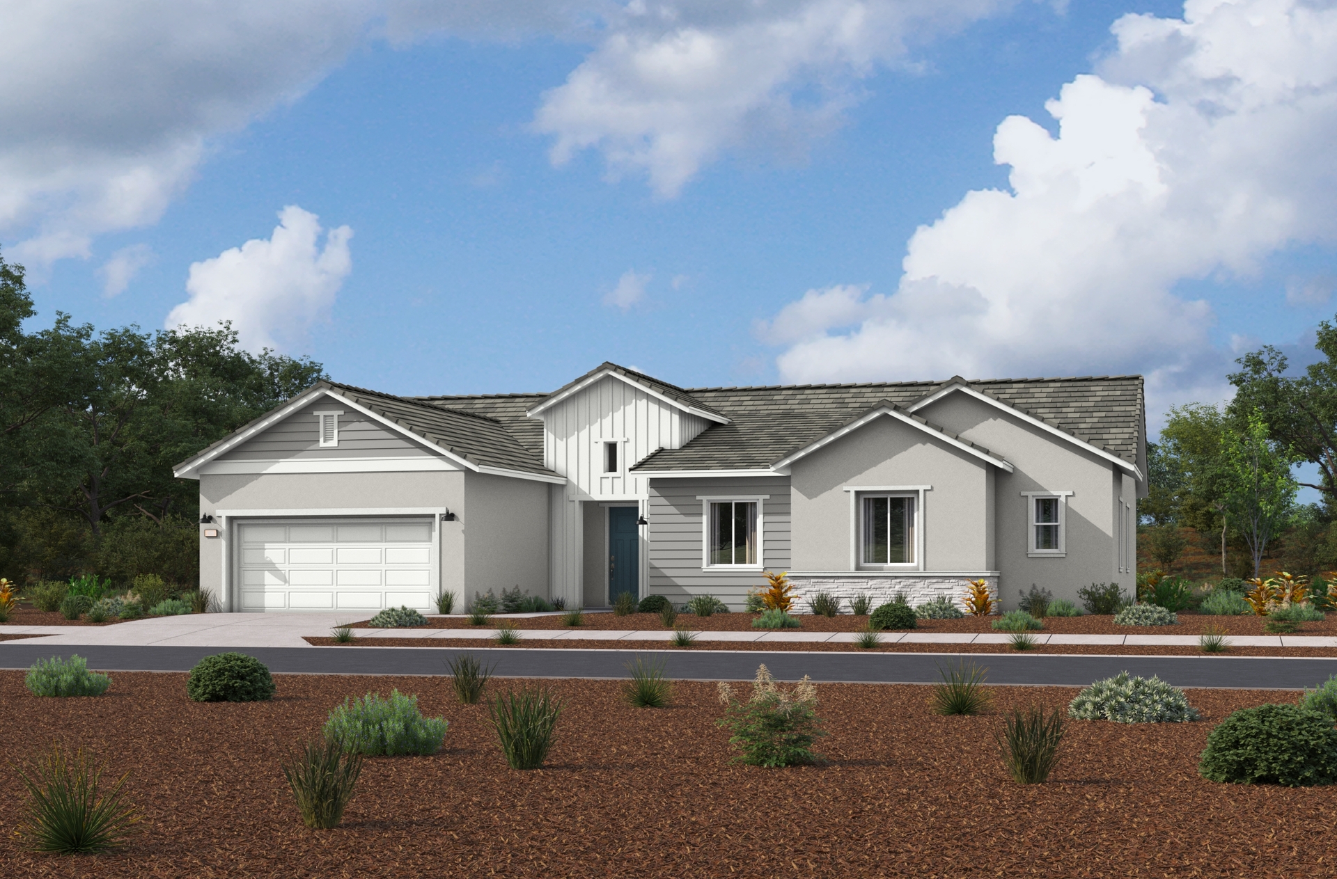 grey one-story exterior with a white windowless garage