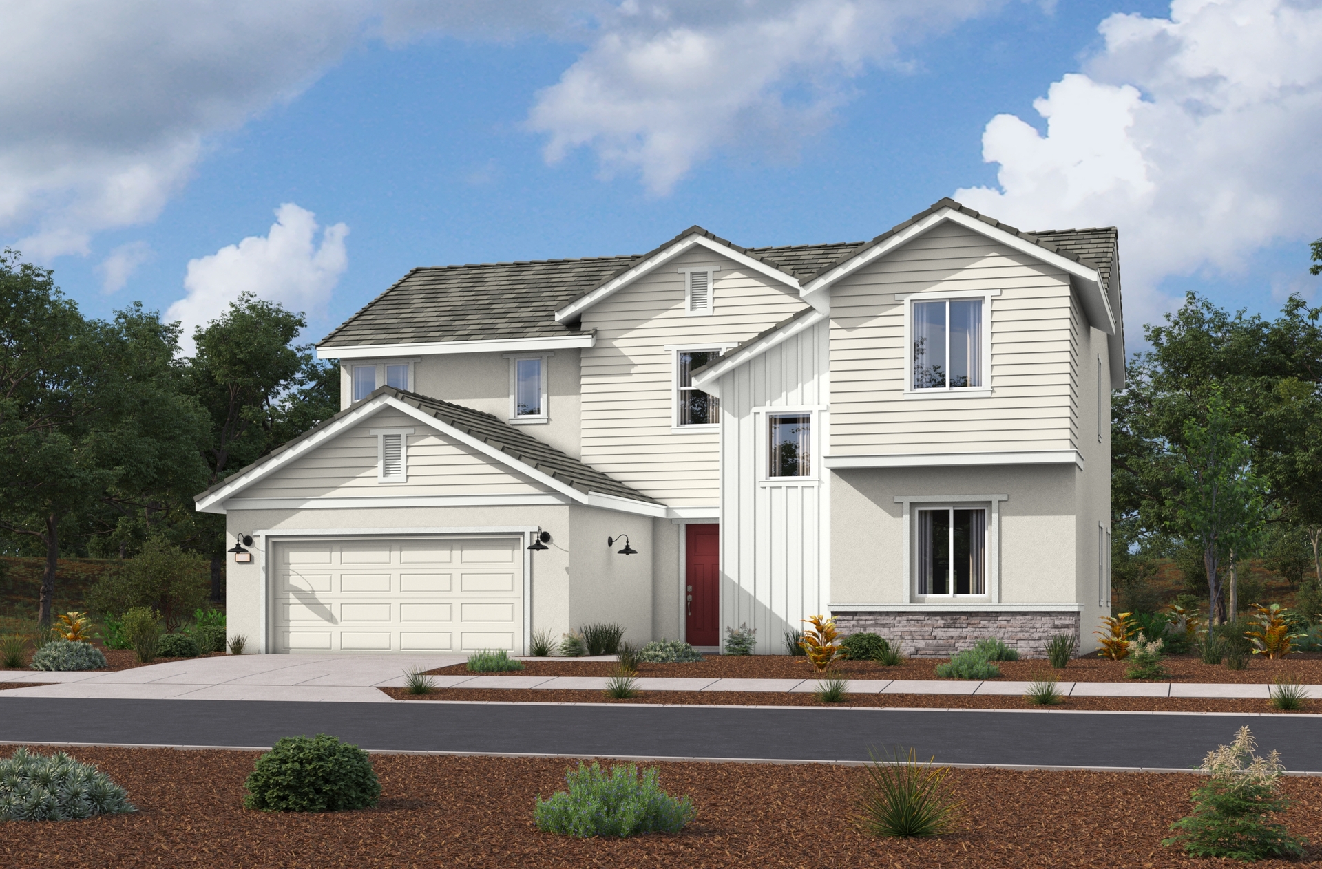 exterior of two-story home with large windows and desert landscaping