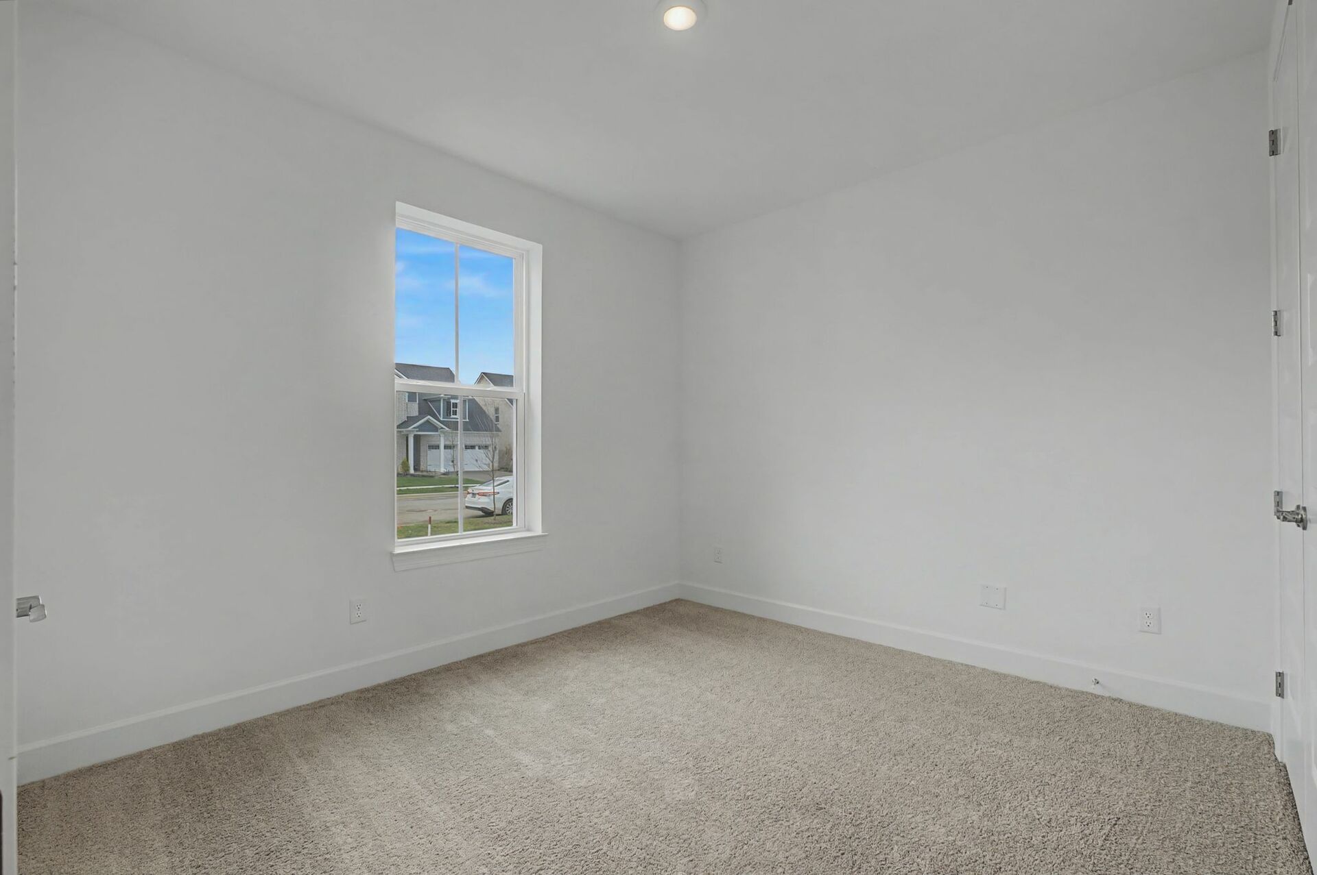 secondary bedroom with carpet flooring, white trim, and large windows