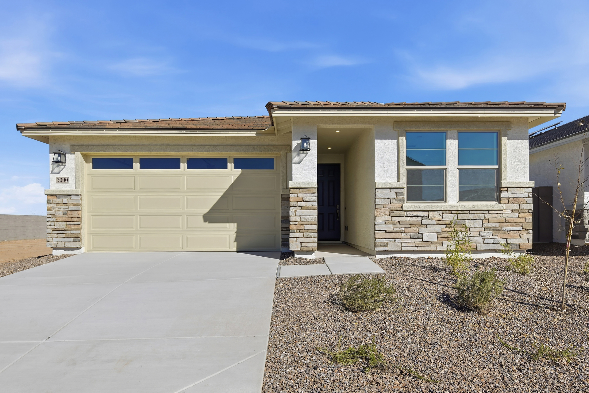 single-story single-family home with desert landscaping and concrete driveway