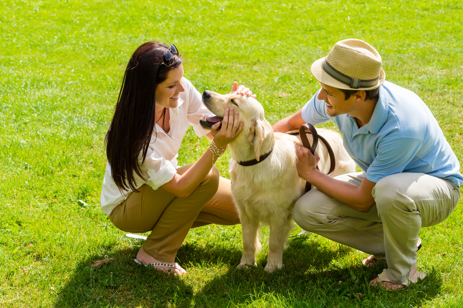 couple playing with dog in park 