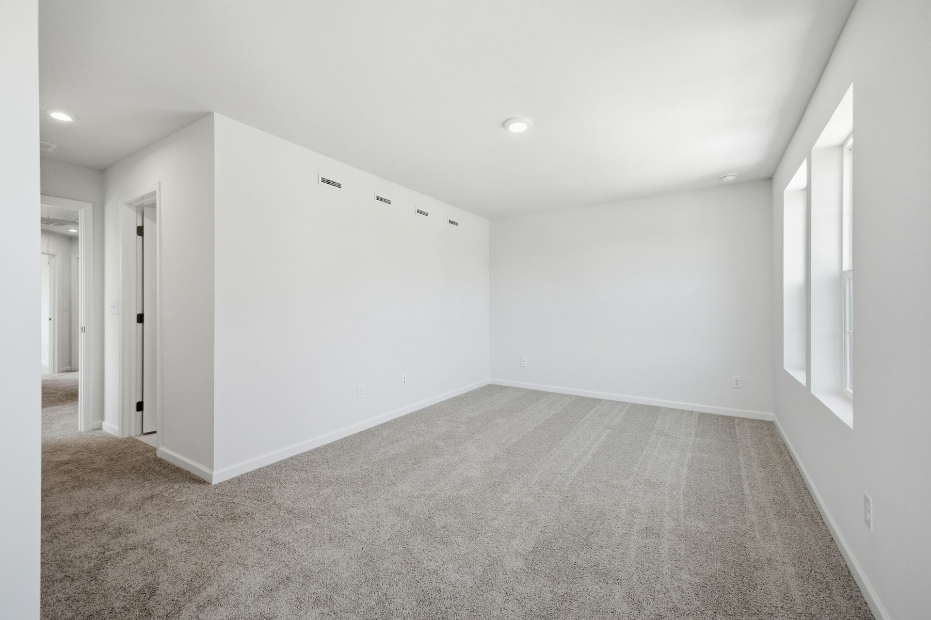 primary bedroom with carpet, large windows, and a walk in closet