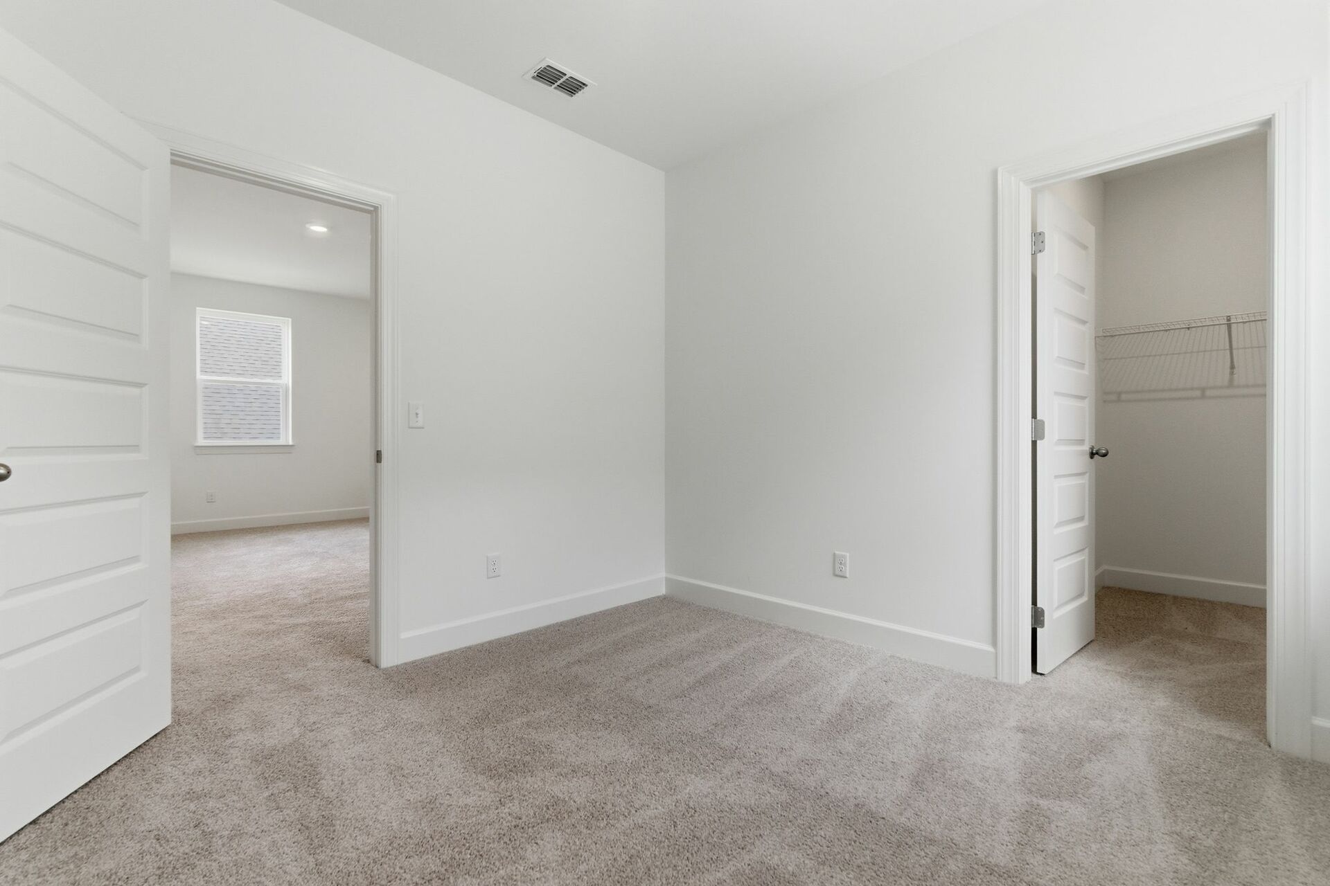 secondary bedroom with carpet, large windows, and walk-in closet