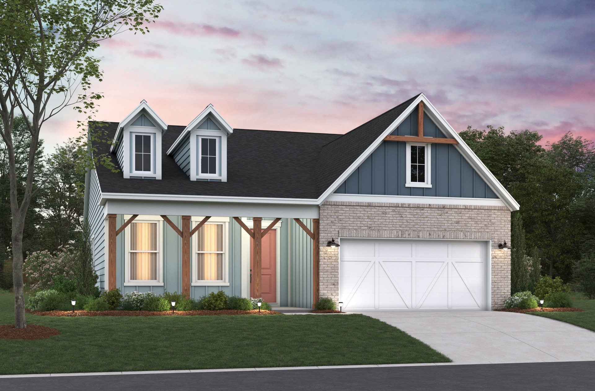 dark and light blue siding with brick accents and a pink front door