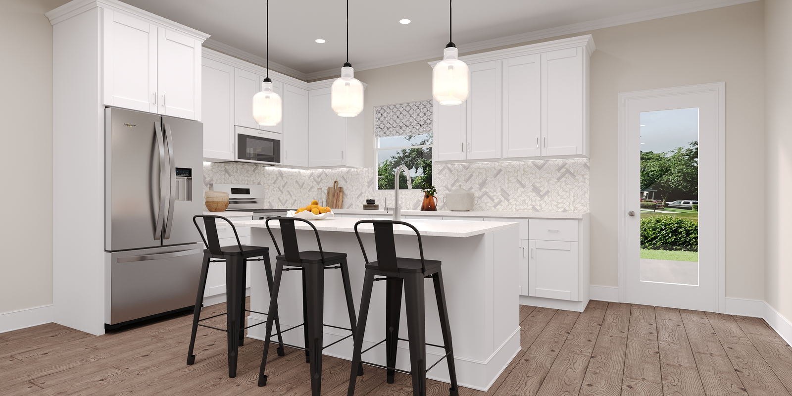 kitchen with white cabinets and an island