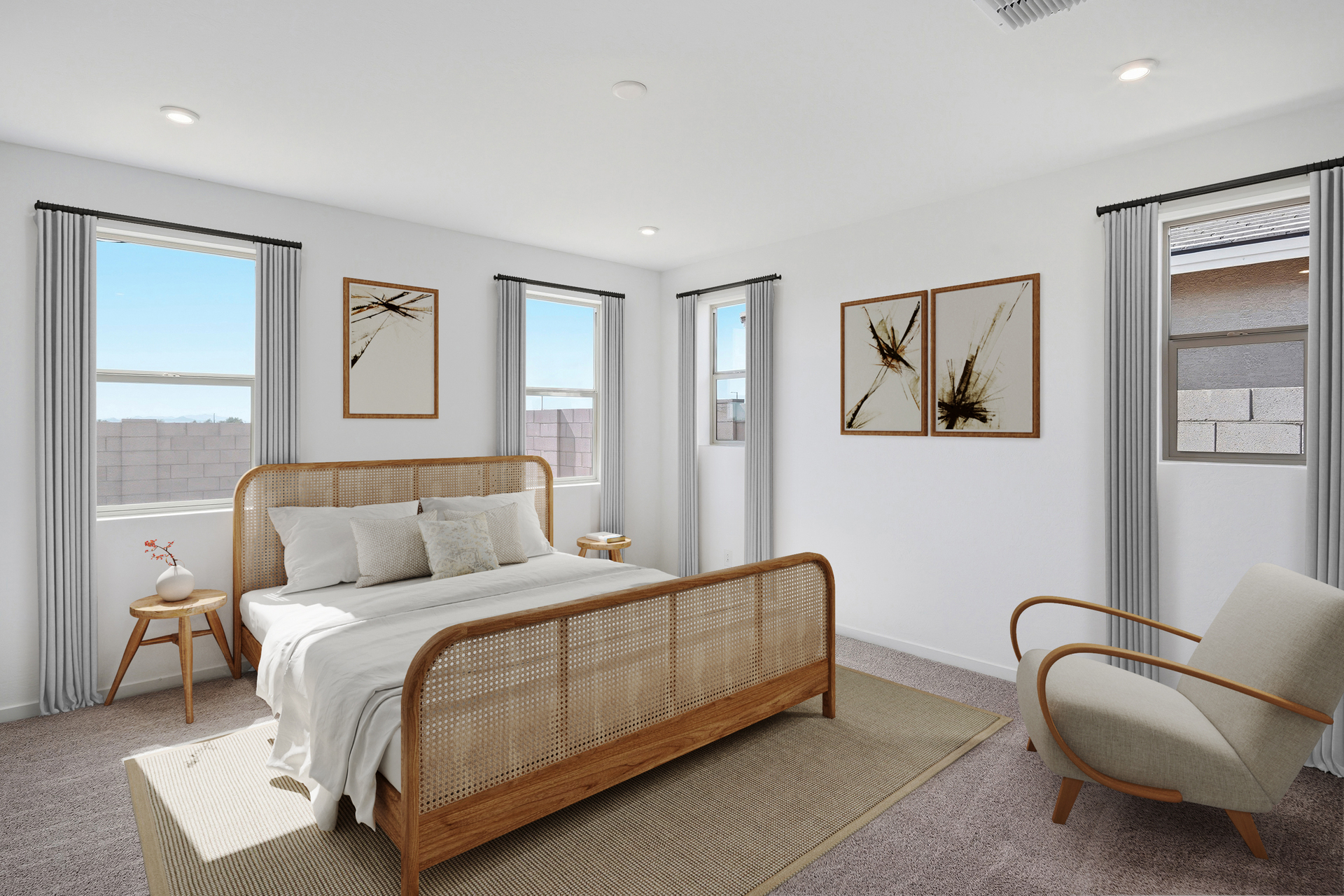spacious bedroom with a king-sized bed, a brown rug, and an oak bed frame