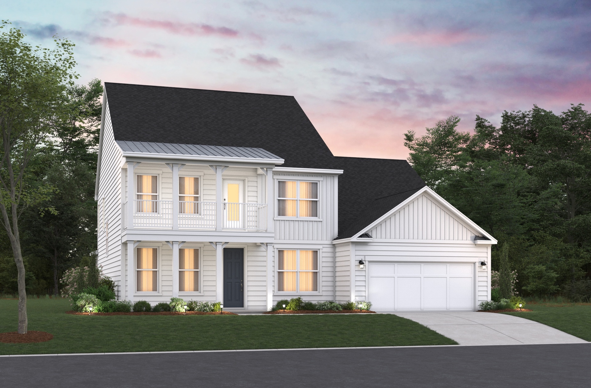 white siding with white trim and black roof