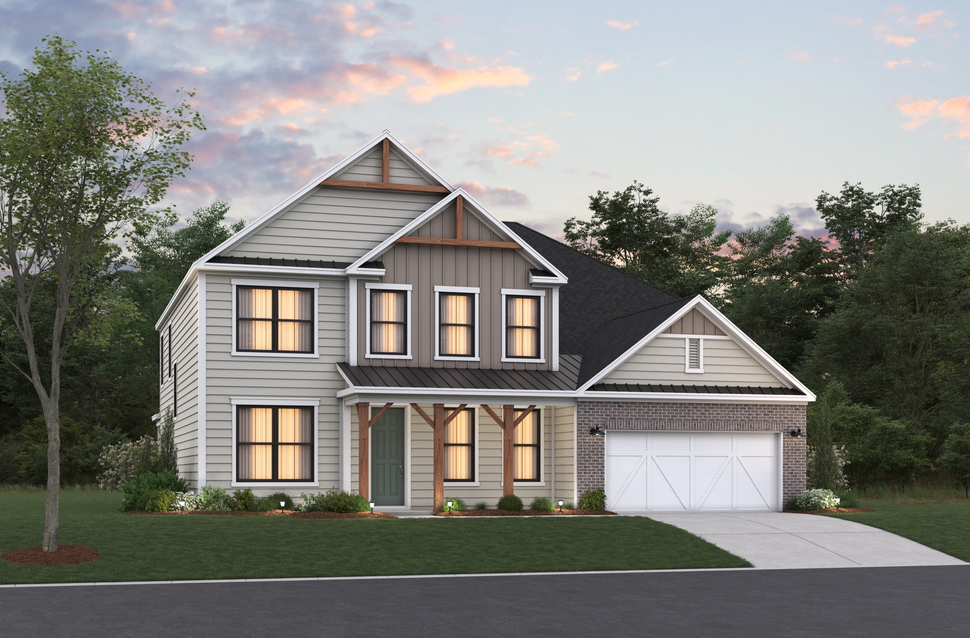 tan siding with black trim and white garage door 