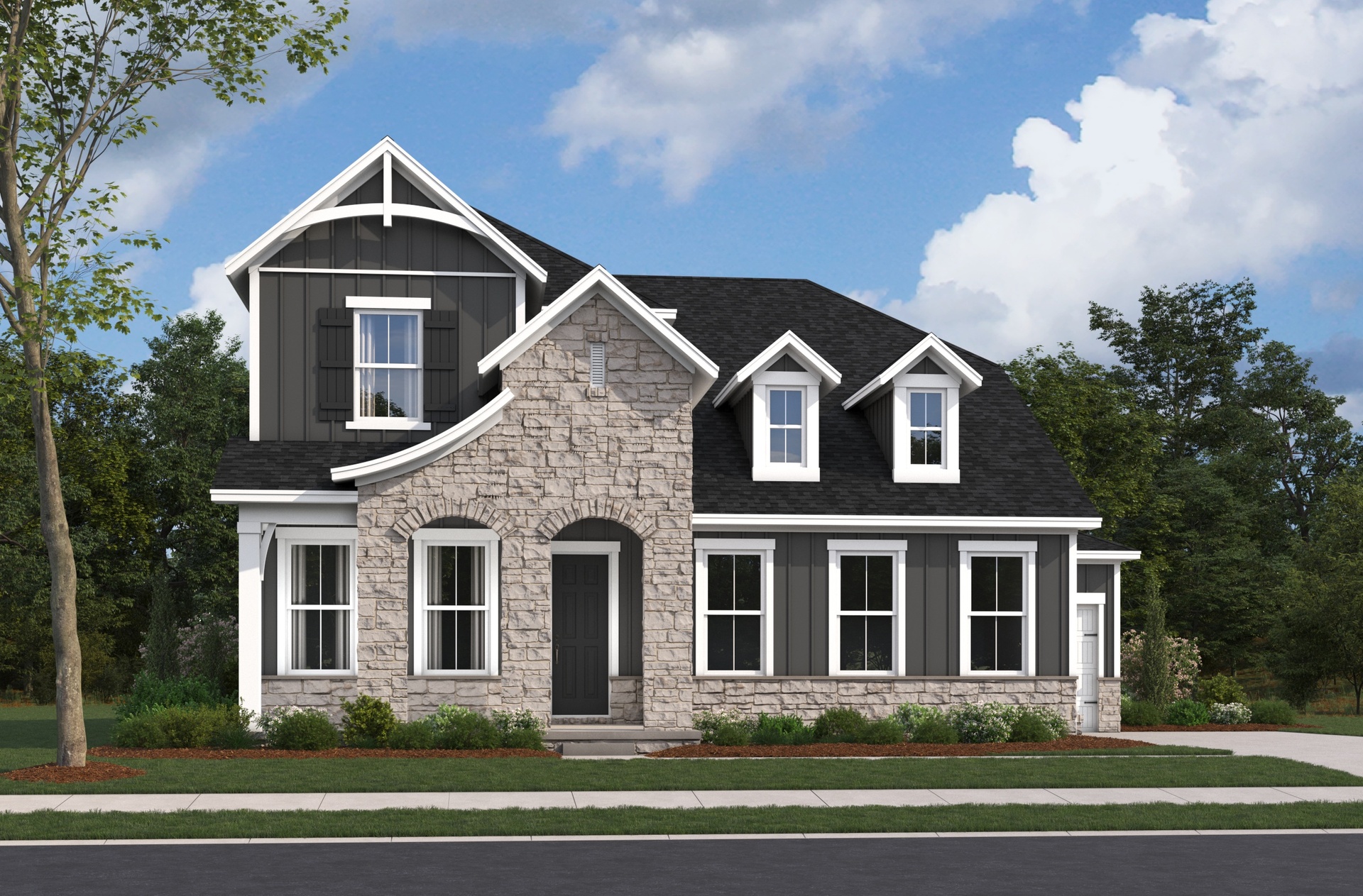 exterior with dark grey siding and stone