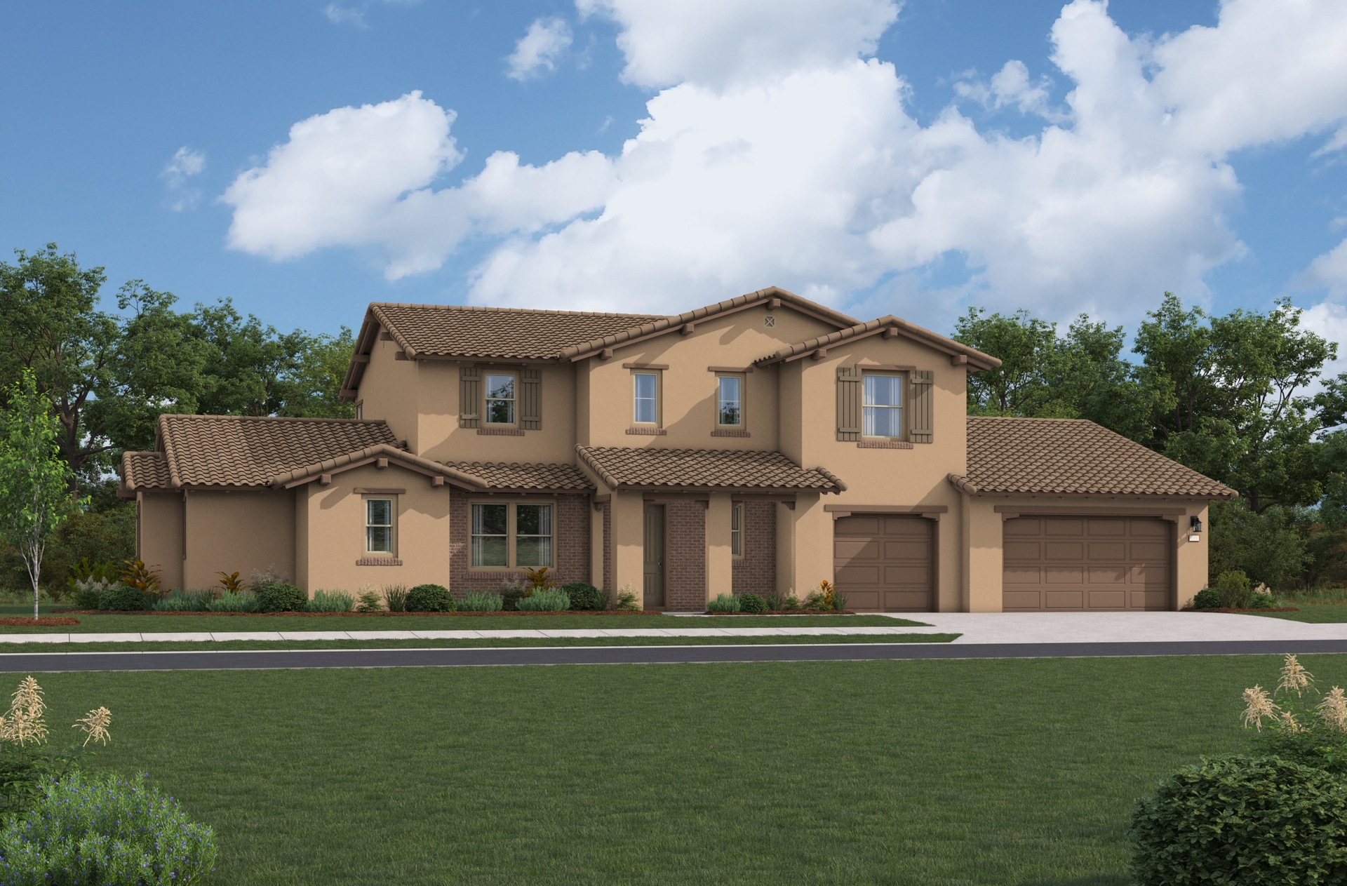 exterior of two-story home with three-car garage and desert landscaping