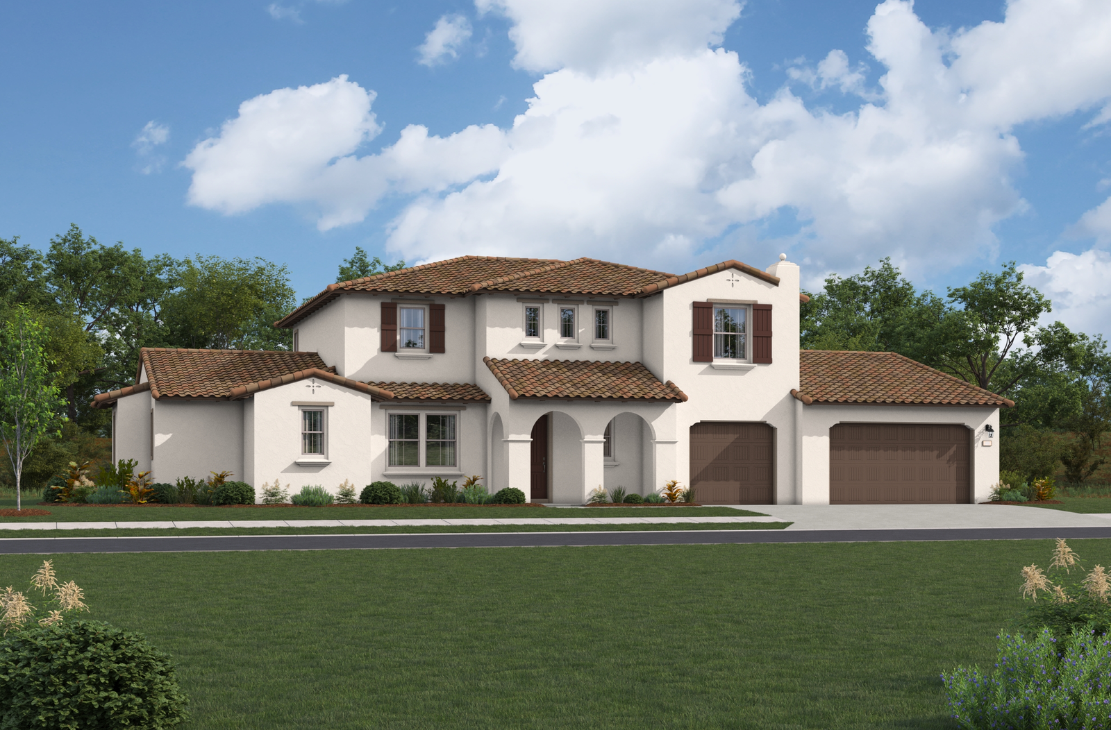 exterior of two-story home with three-car garage and large windows