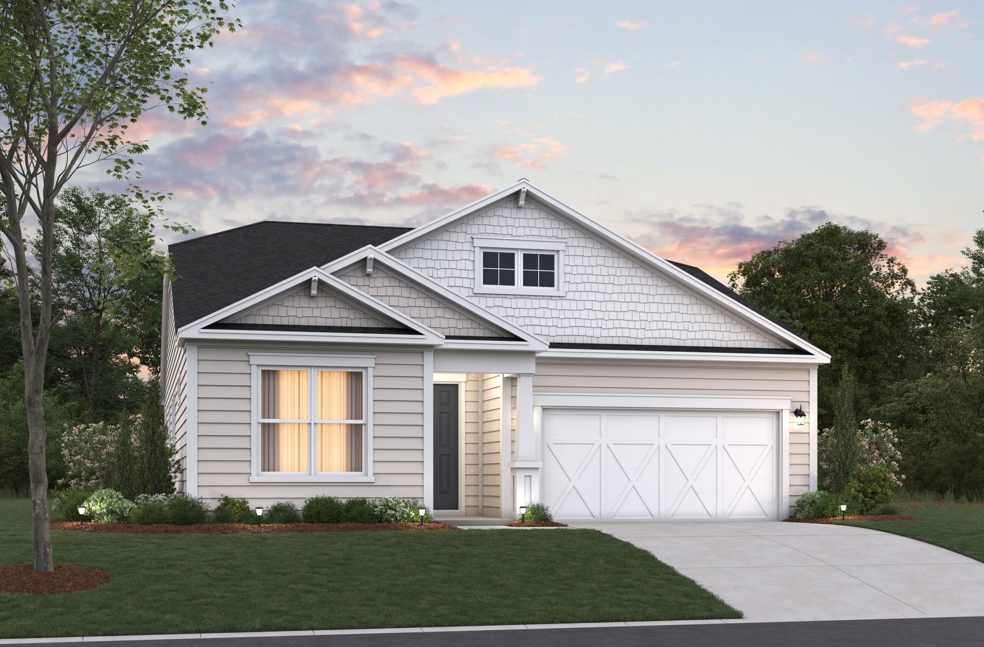 light tan siding with white trim and black roof