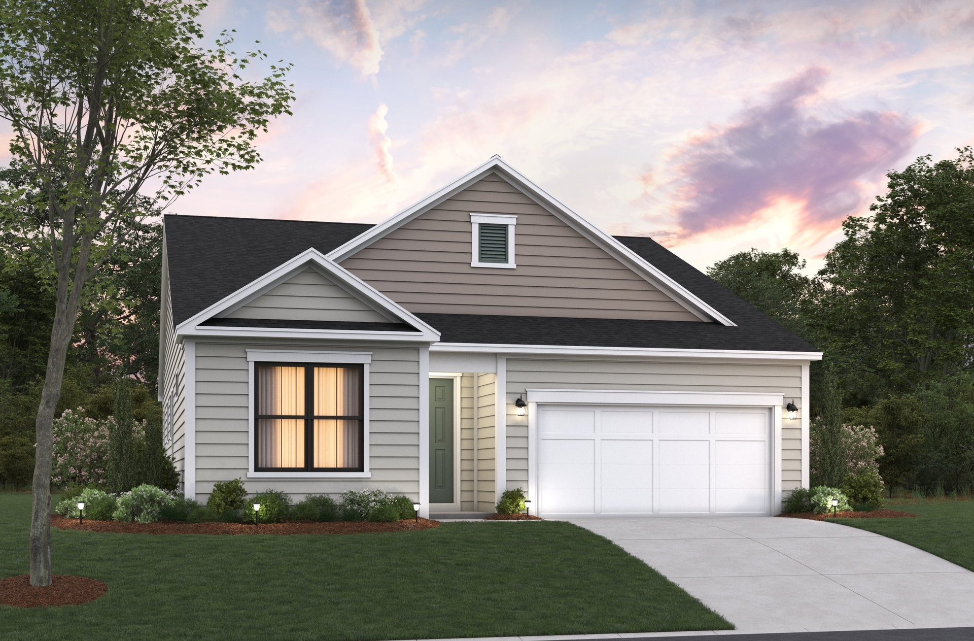 tan siding with black window trim and black roof 