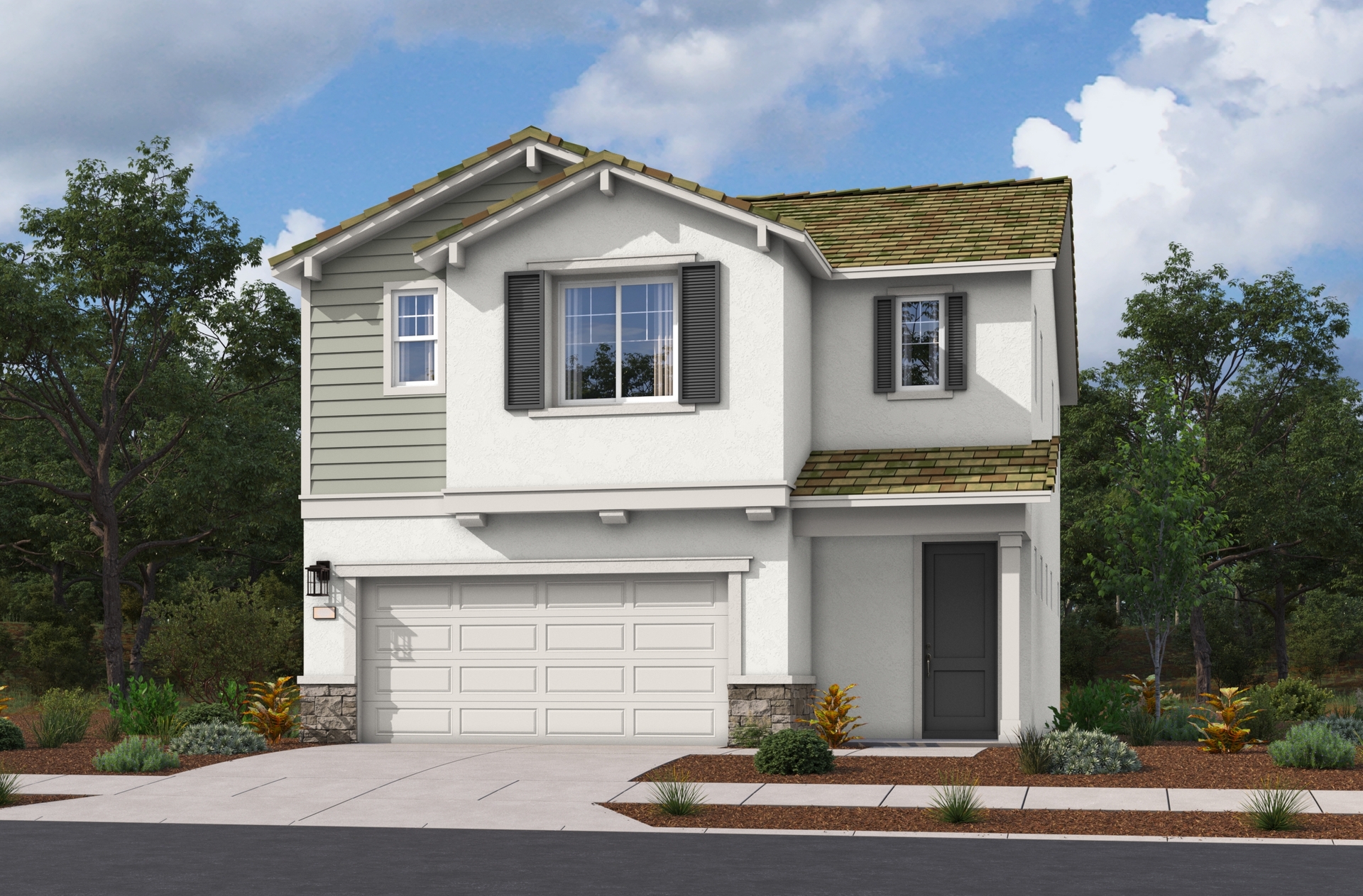 two-story exterior with a white windowless garage and three windows