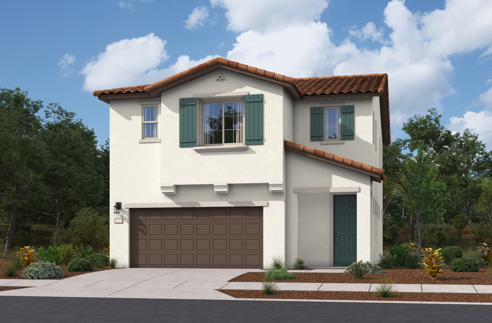 two-story exterior of the home with a brown windowless garage