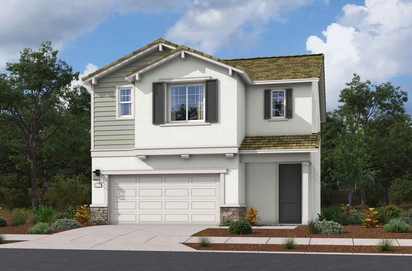 two-story exterior with a white windowless garage and three windows