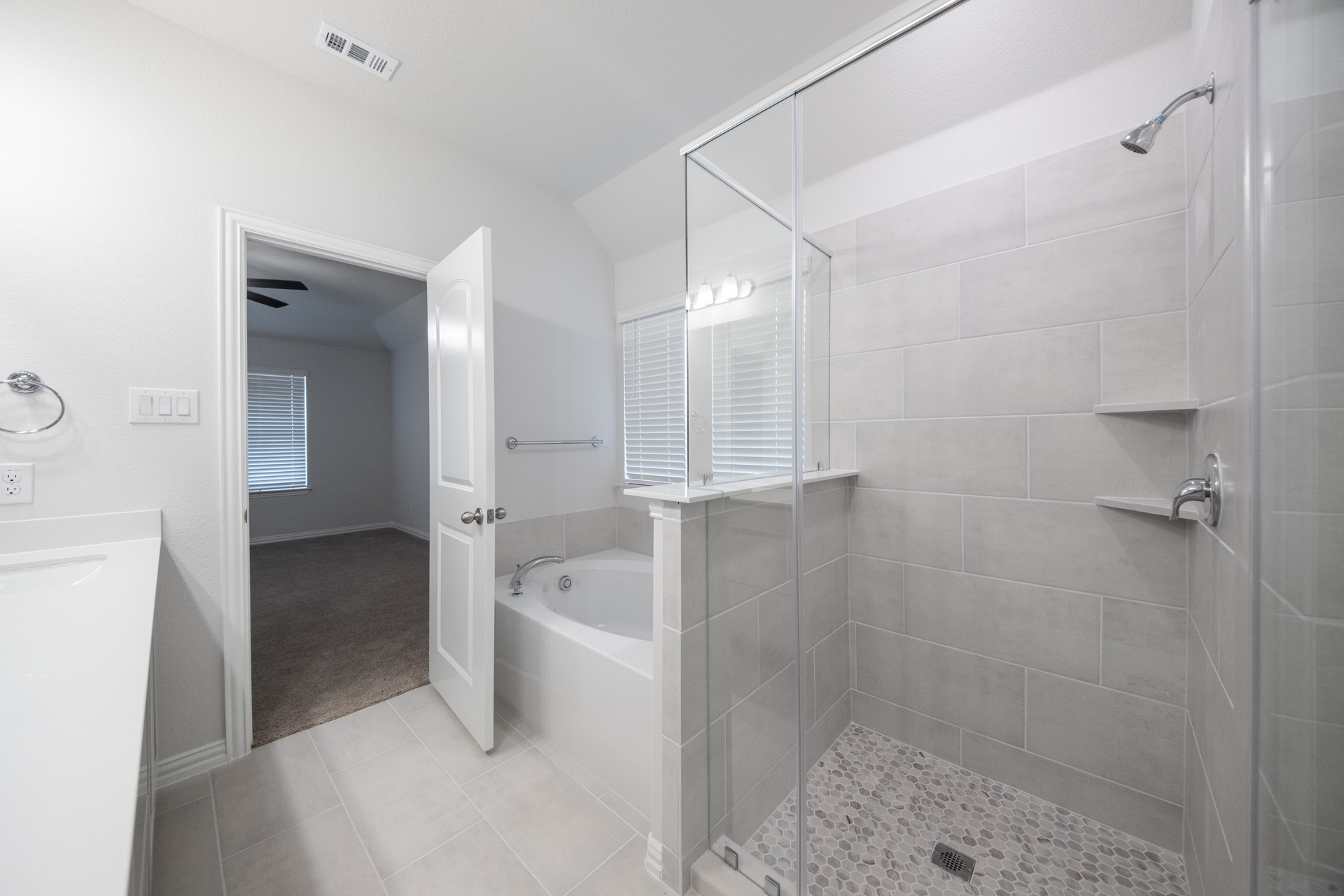 primary bathroom with separate walk-in shower and soaking tub