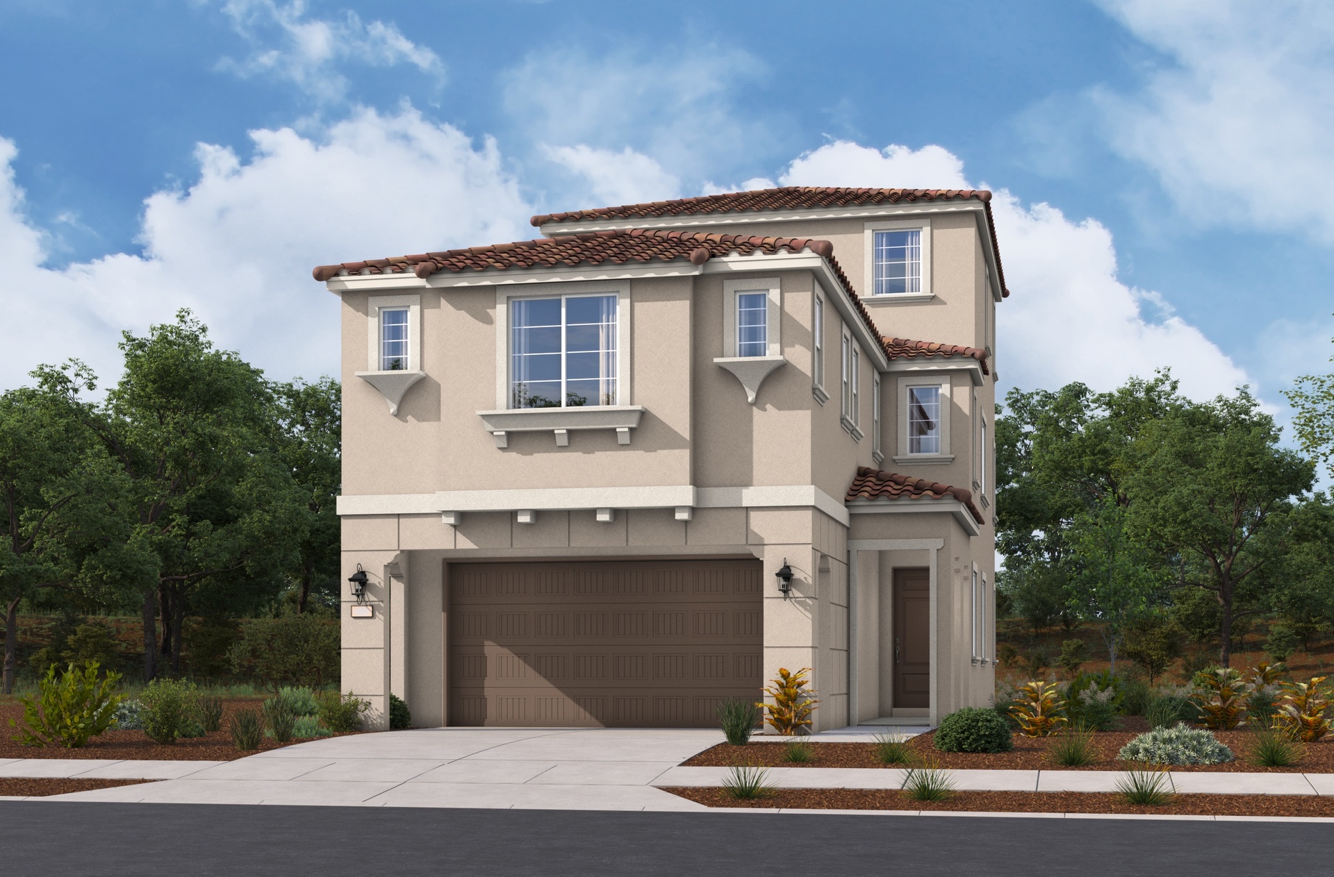 two-story light brown exterior with a brown windowless garage