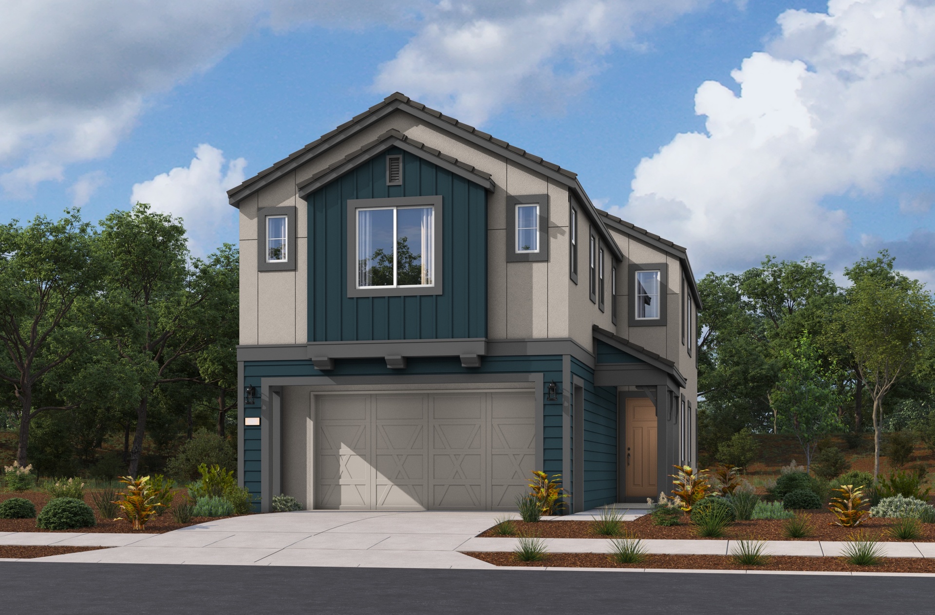 two-story multicolored exterior with a cream windowless garage