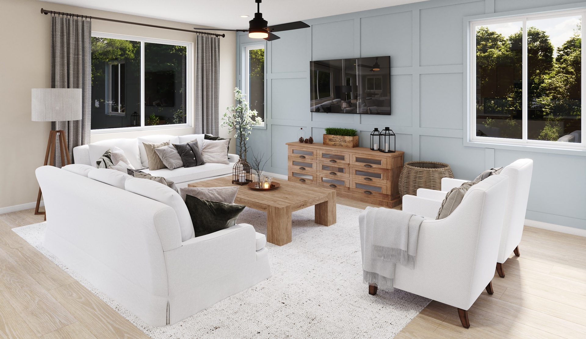 great room with large windows and neutral floors