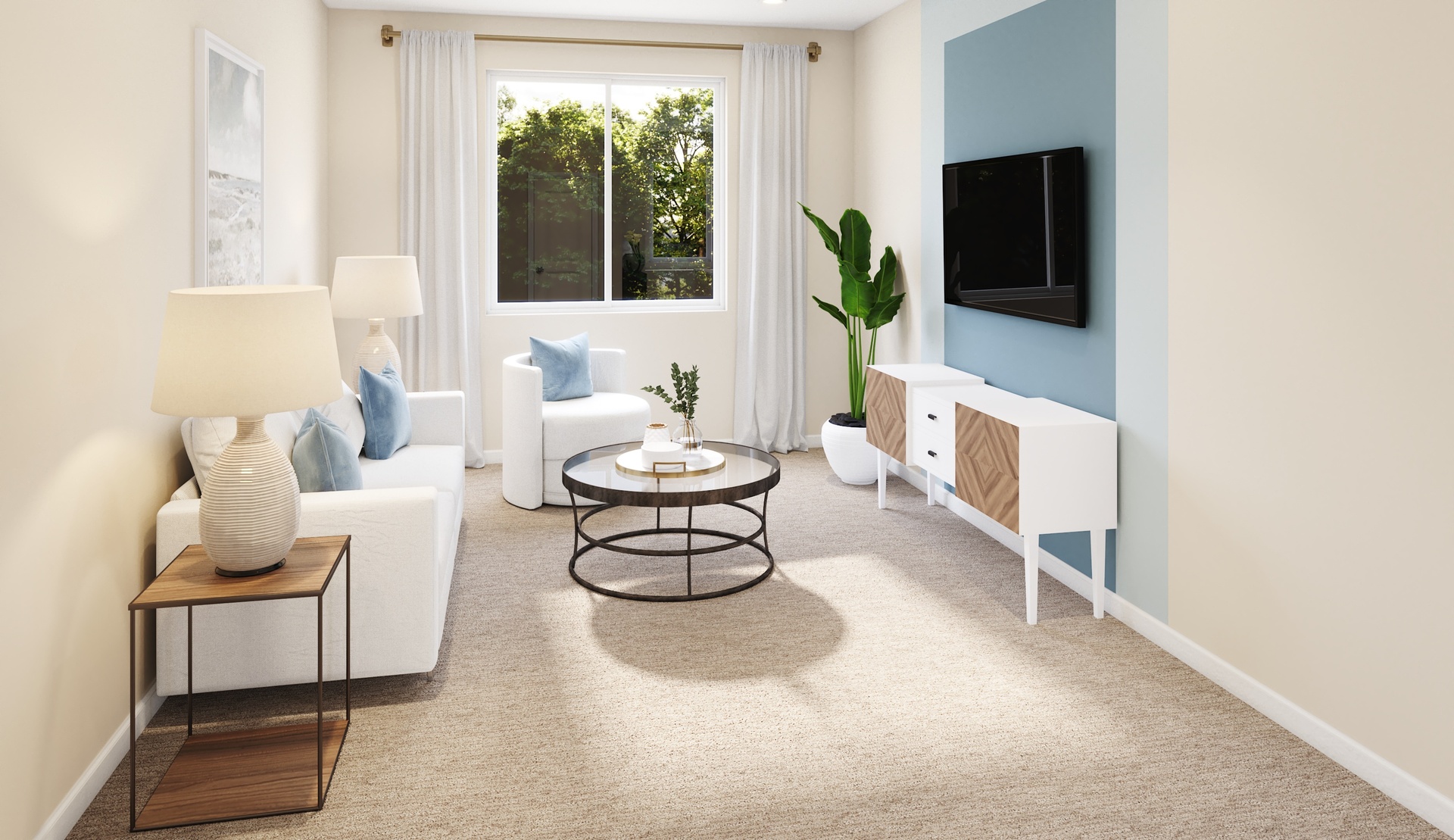 loft with neutral floors and large window