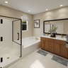 primary bath with neutral floors and white countertops