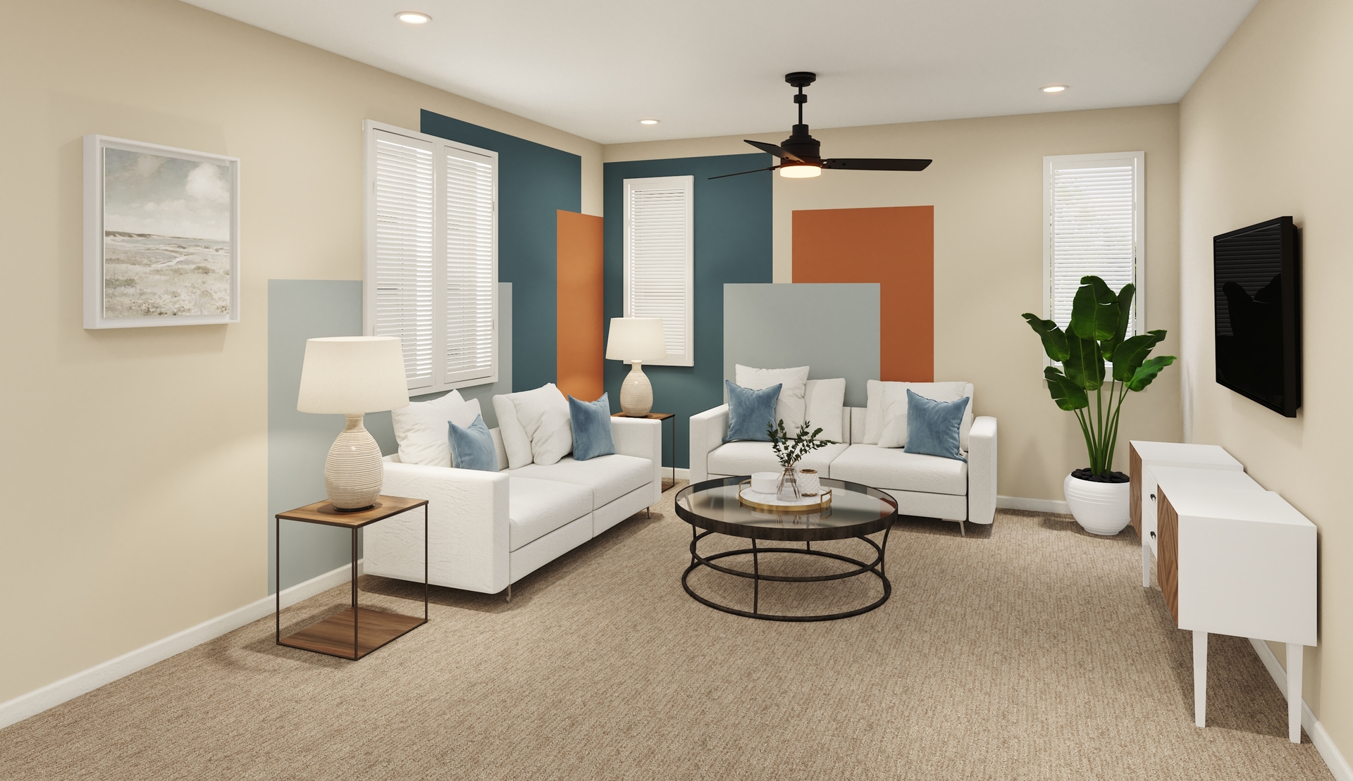 loft with neutral floors and large windows