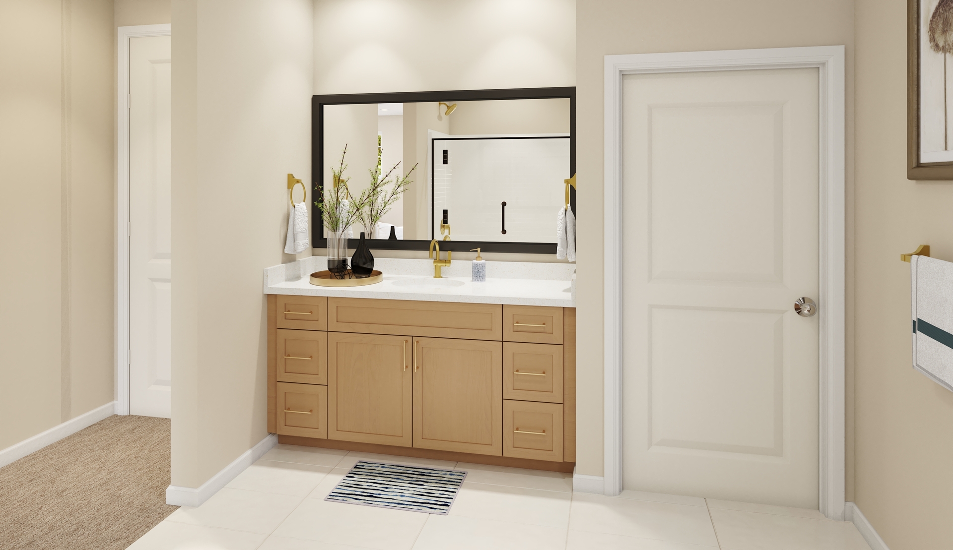 primary bath with neutral floors and white countertops