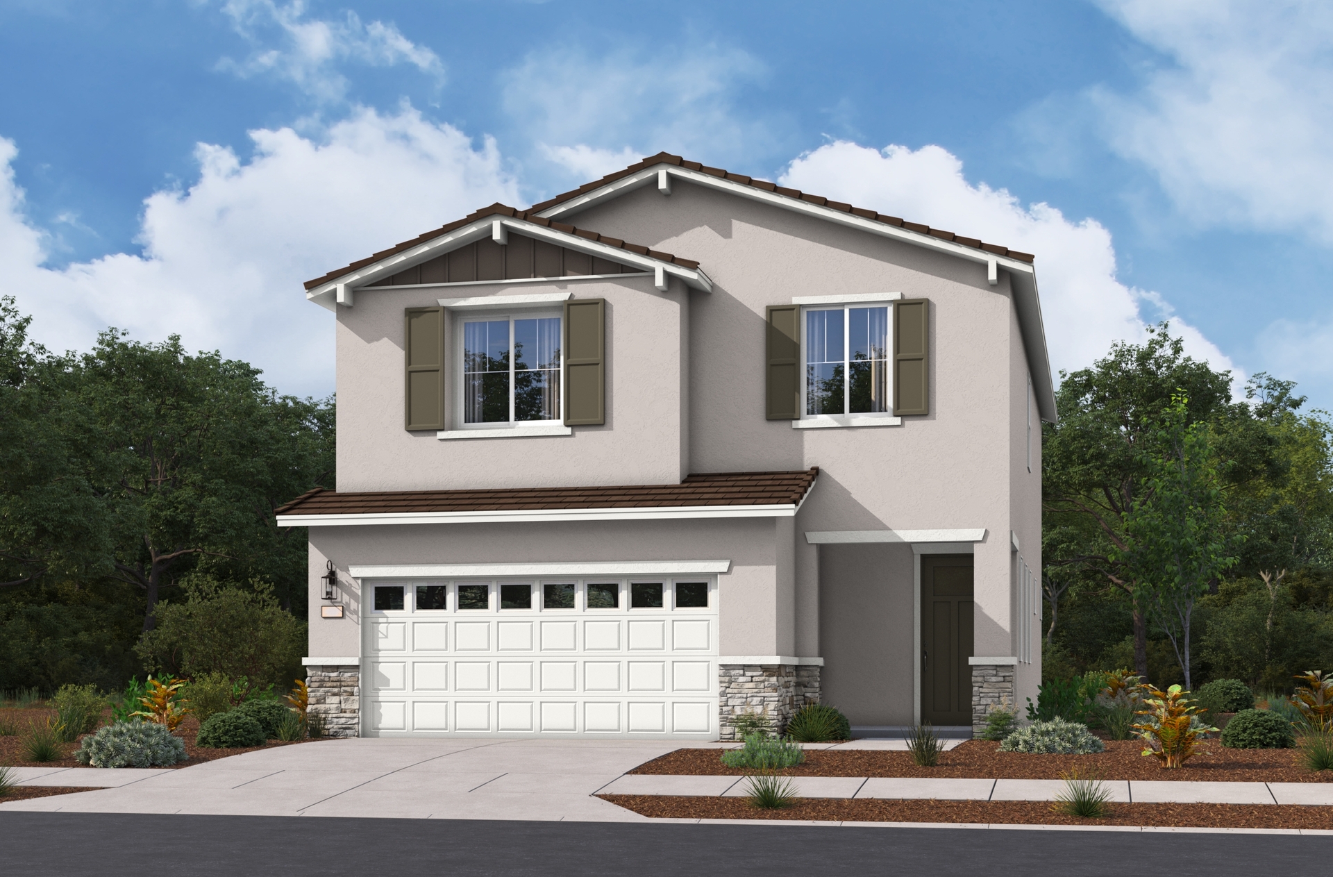 two-story exterior with a white windowed garage and brown front door
