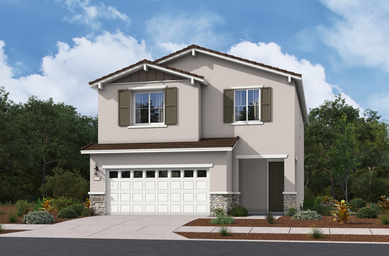 two-story exterior with a white windowed garage and brown front door