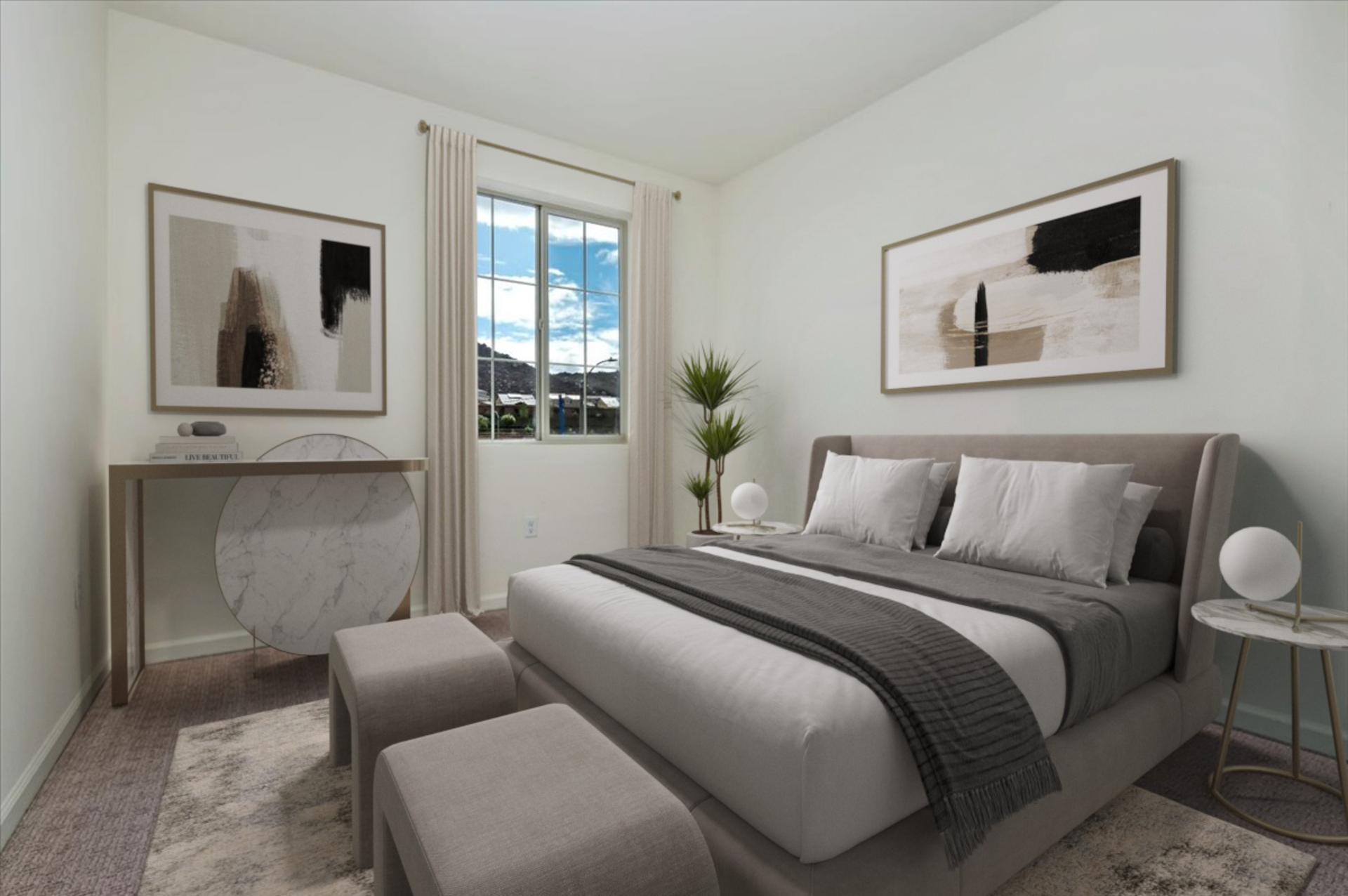bedroom with neutral floors and large window