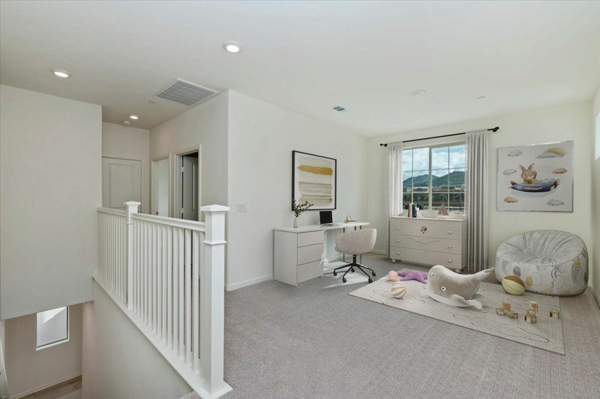 loft with neutral carpet and large window