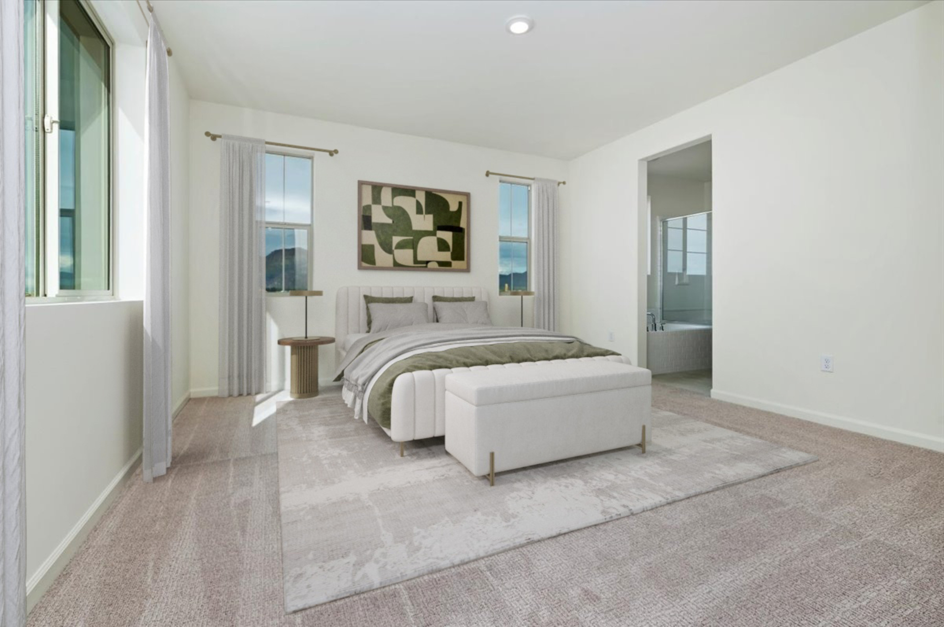 primary bedroom with neutral carpet and large windows