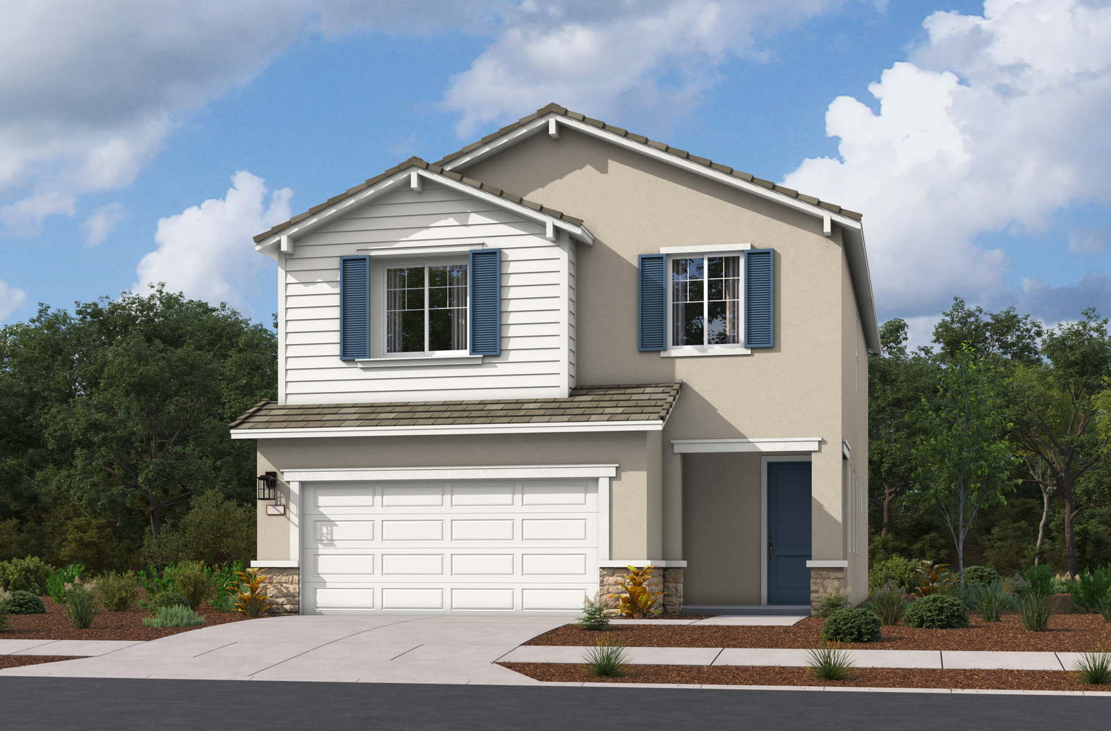 two-story exterior with a white windowless garage and blue front door