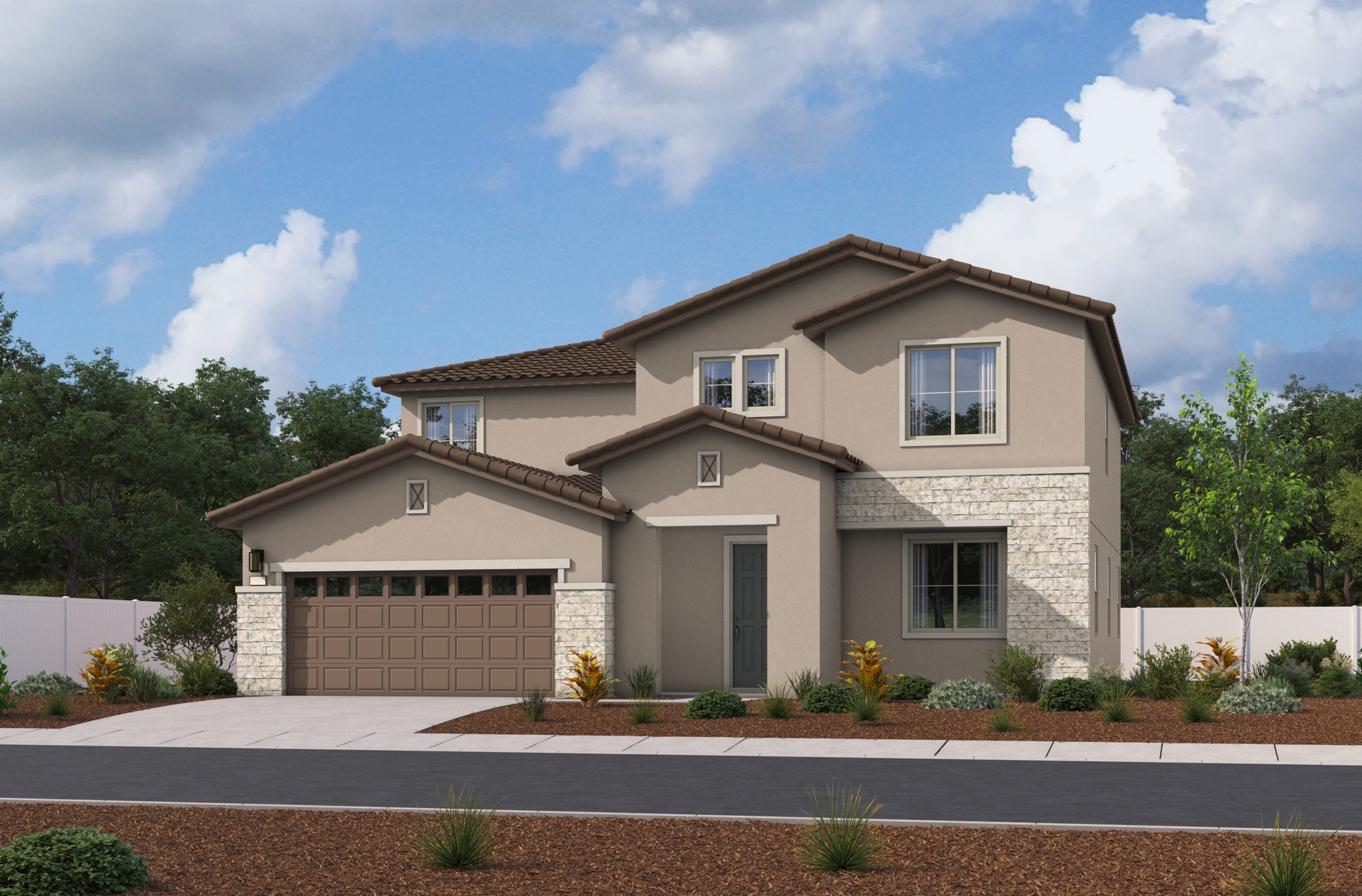 two-story exterior with a brown windowed garage and a cream brick trim over the study window