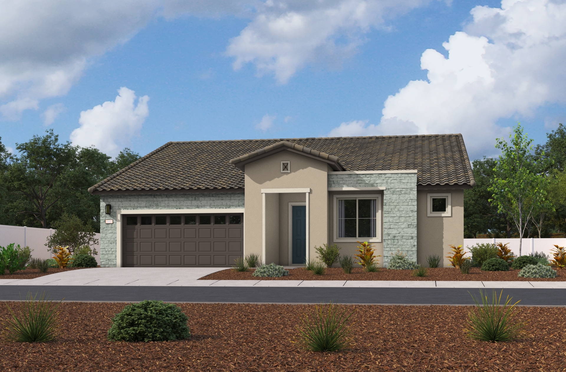 single-story exterior with a brown windowed garage and a covered front entry