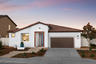 one-story exterior with a brown windowless garage and a red tile trim on the front entry
