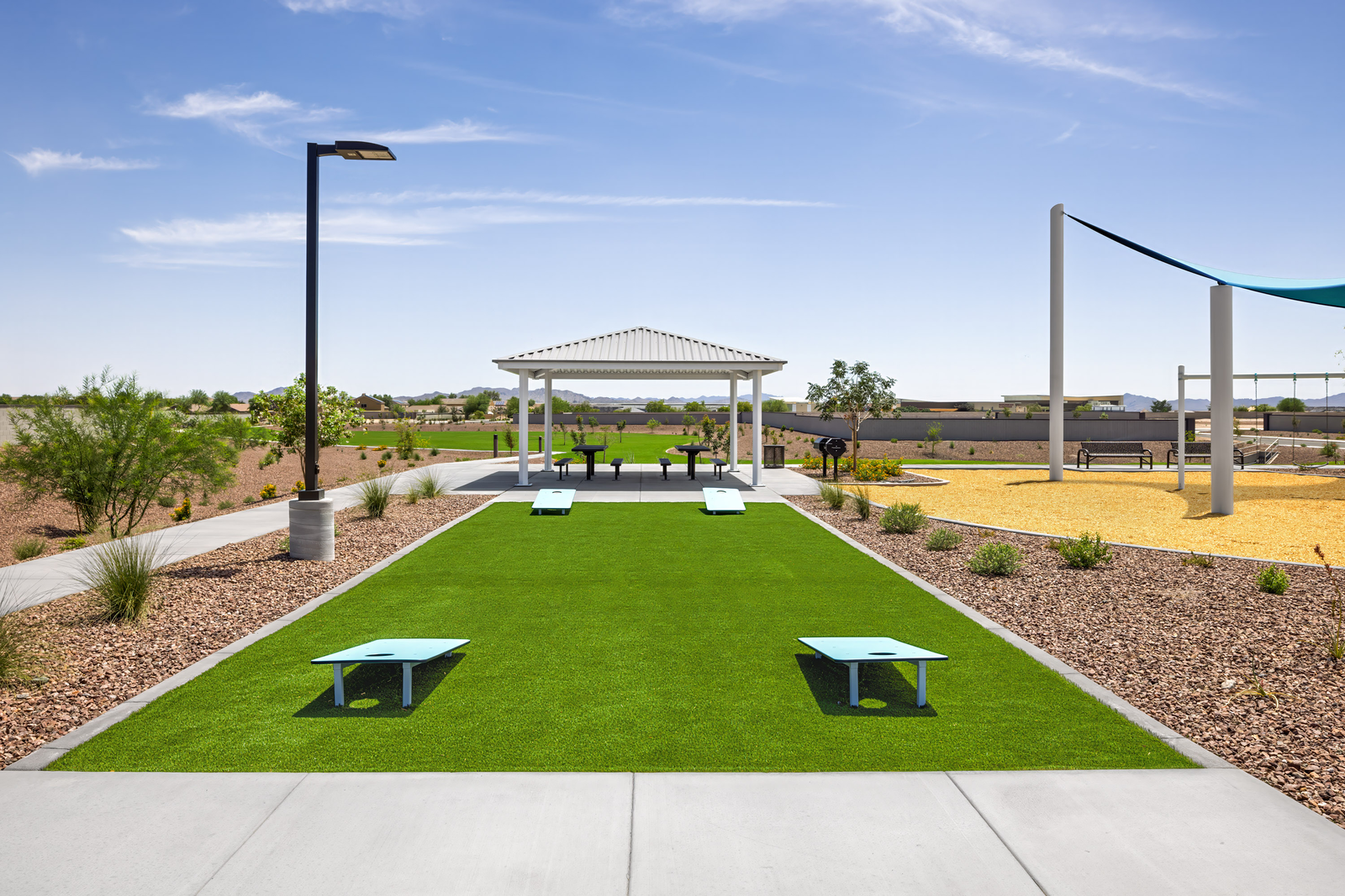 park with large green space and covered areas