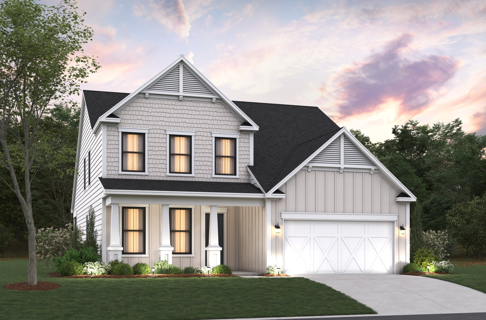 tan siding with black trim around windows and white garage door 