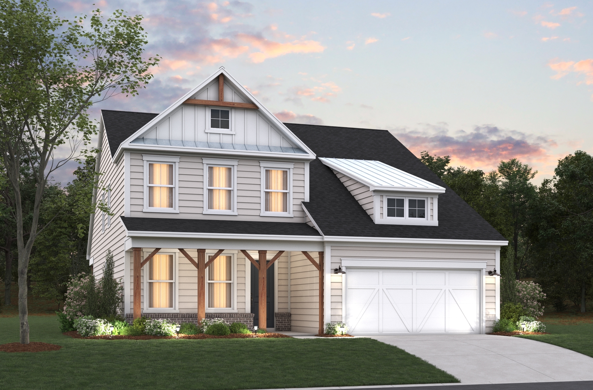 tan siding with wood accents and white garage door