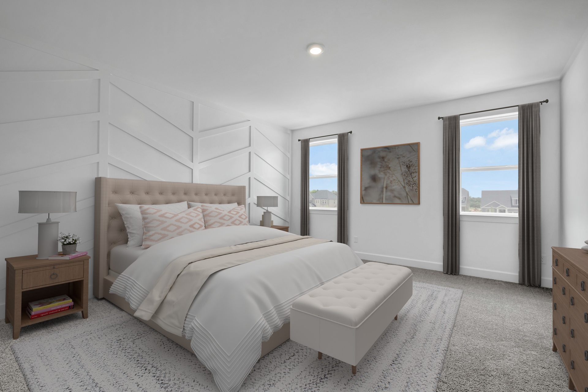 primary bedroom with carpet flooring, large windows, and a white accent wall
