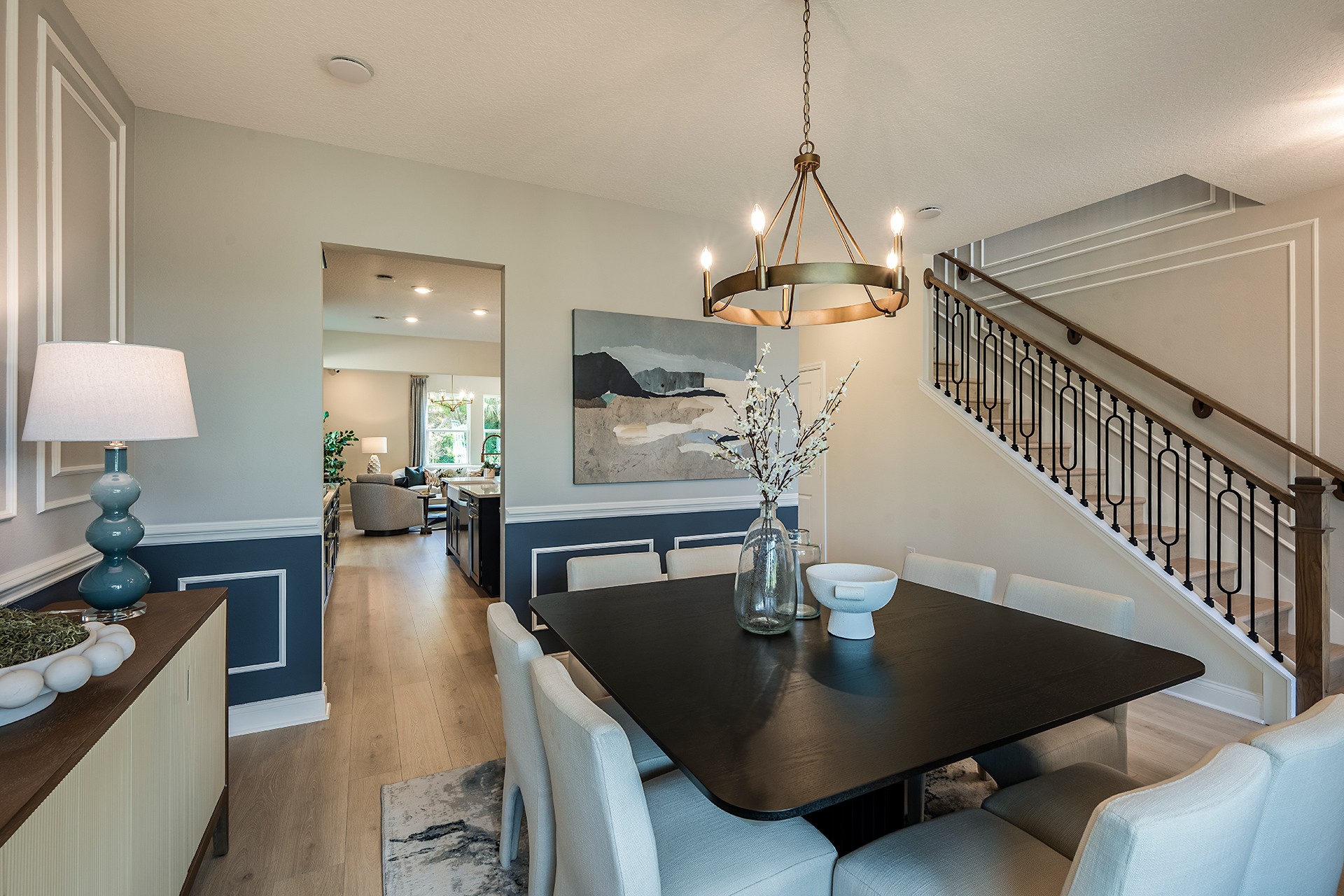 dining room with access to the kitchen and view of entrance 